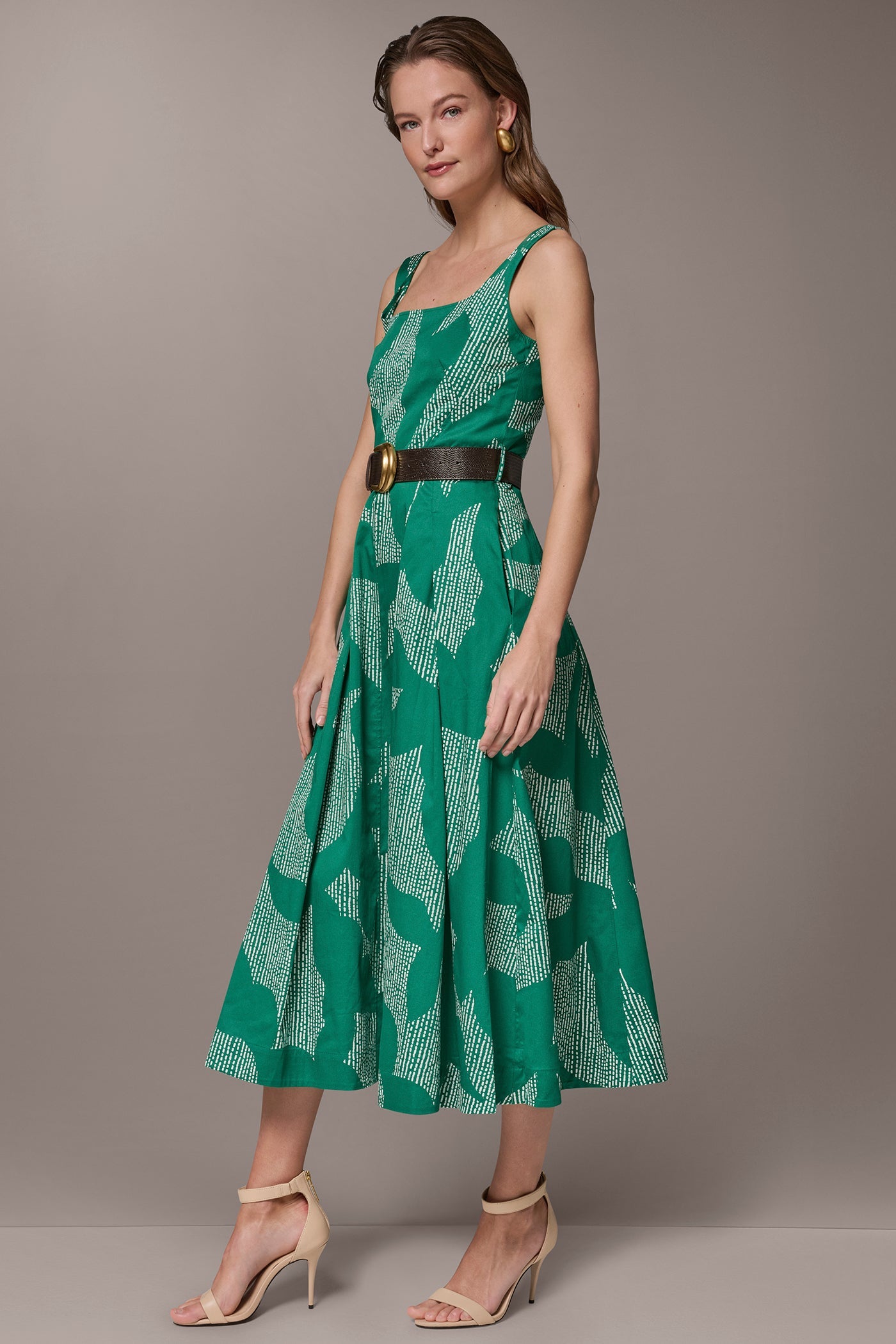 Donna Karan | STRETCH COTTON-POPLIN PRINTED PLEATED MIDI A-LINE DRESS