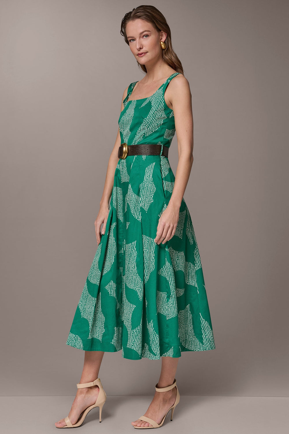 Donna Karan | STRETCH COTTON-POPLIN PRINTED PLEATED MIDI A-LINE DRESS