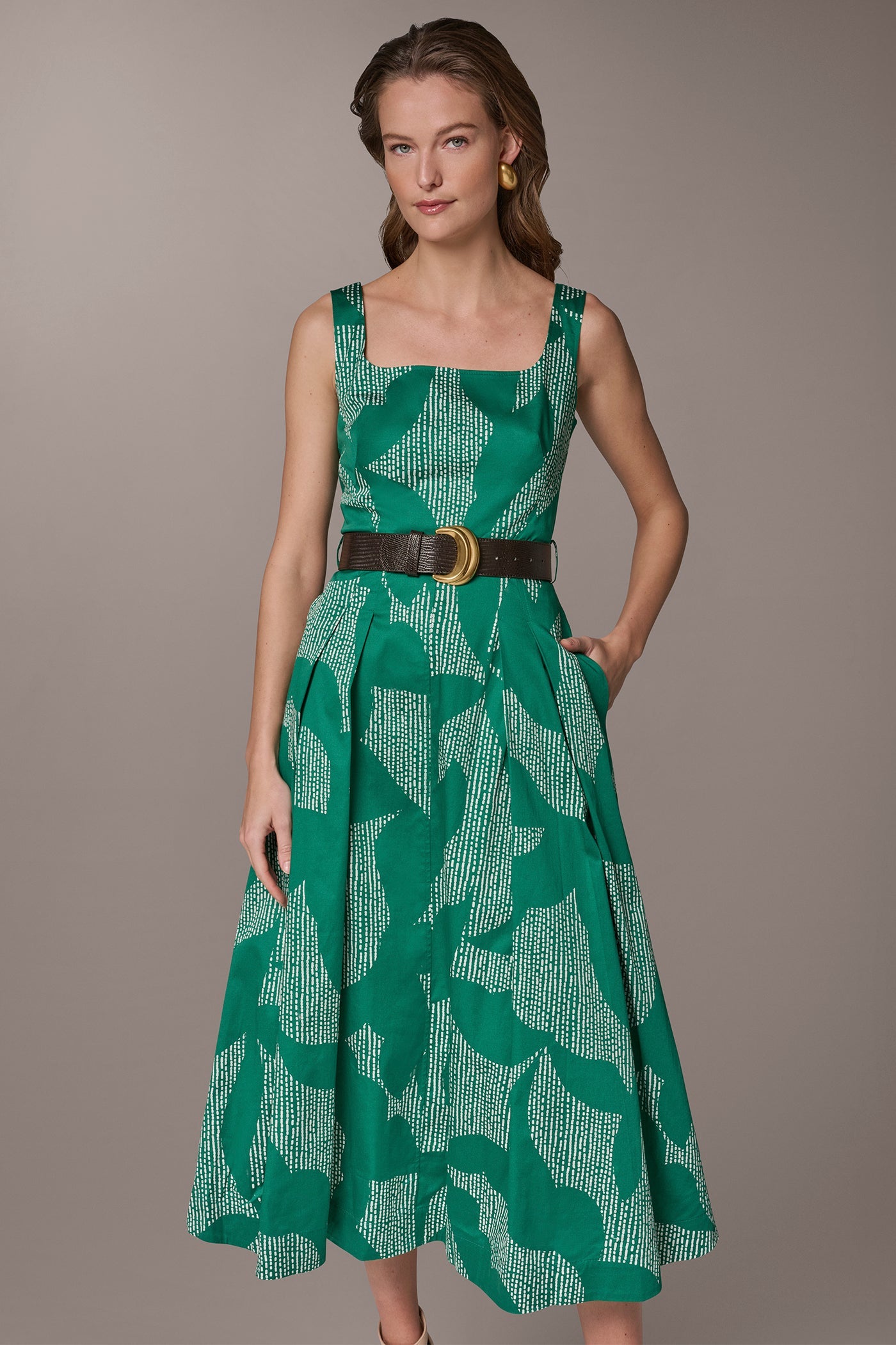 Donna Karan | STRETCH COTTON-POPLIN PRINTED PLEATED MIDI A-LINE DRESS