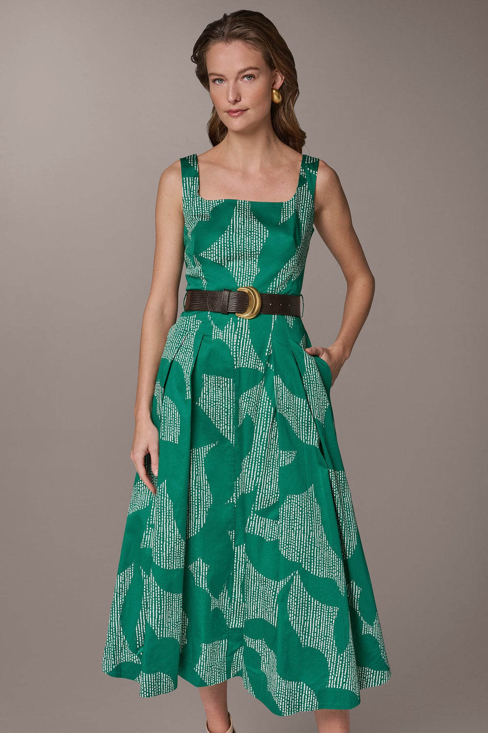 Donna Karan | STRETCH COTTON-POPLIN PRINTED PLEATED MIDI A-LINE DRESS