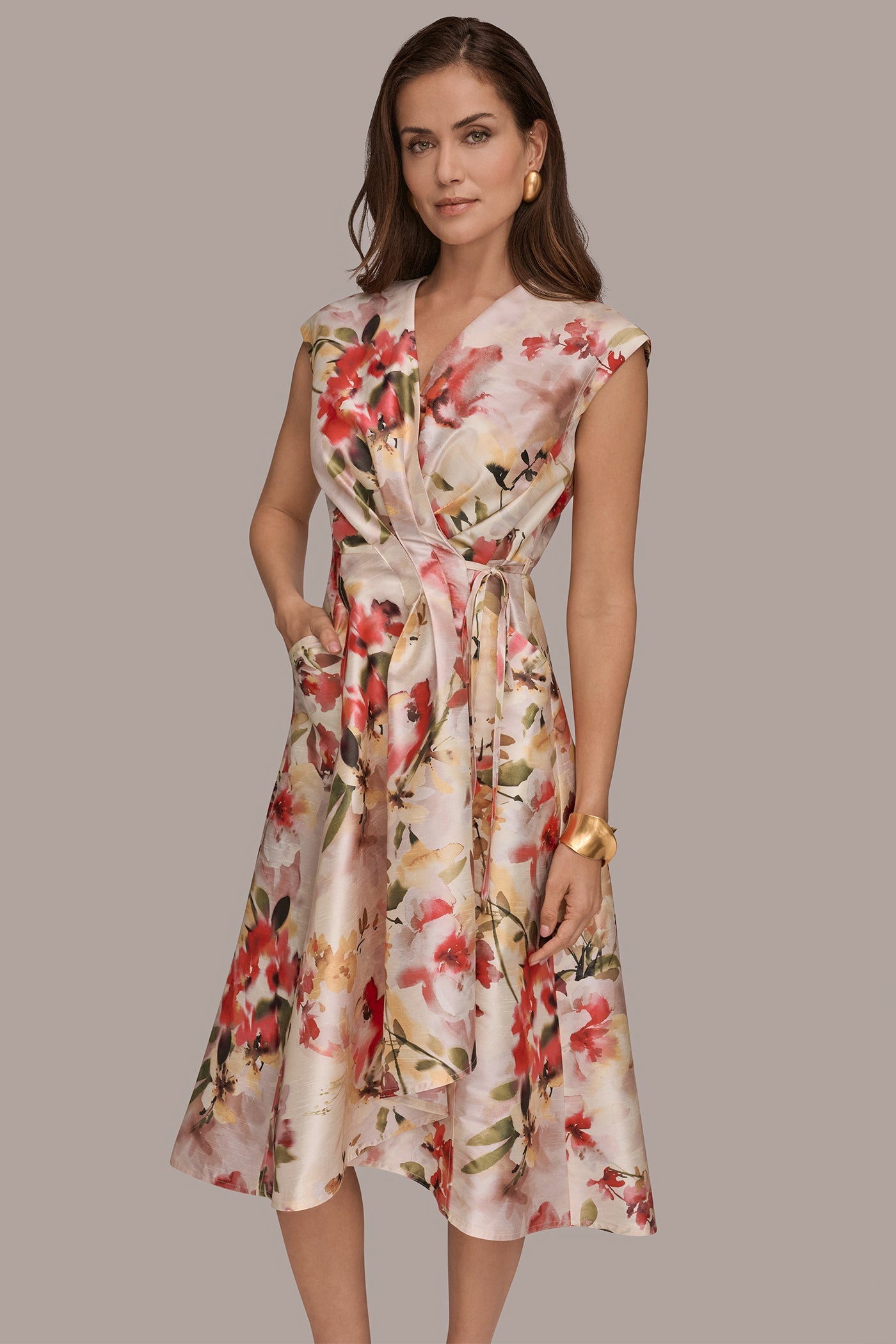 Donna Karan | DUPIONI FLORAL WRAP DRESS