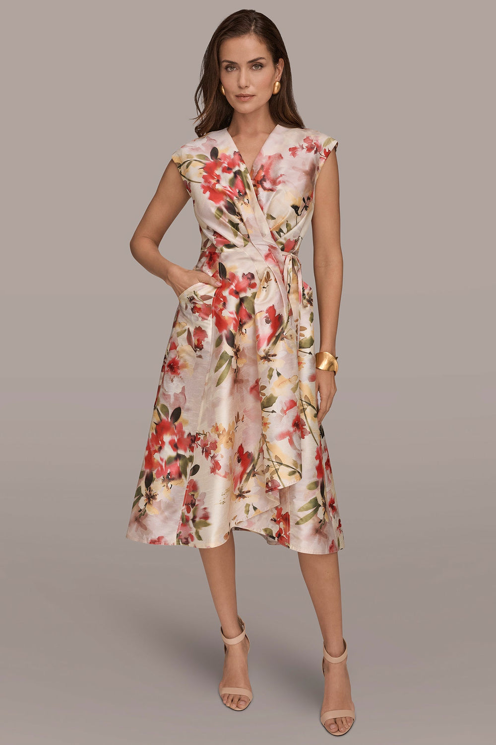 Donna Karan | DUPIONI FLORAL WRAP DRESS
