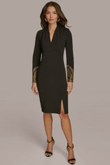 Donna Karan | LONG SLEEVE V-NECK SHEATH DRESS