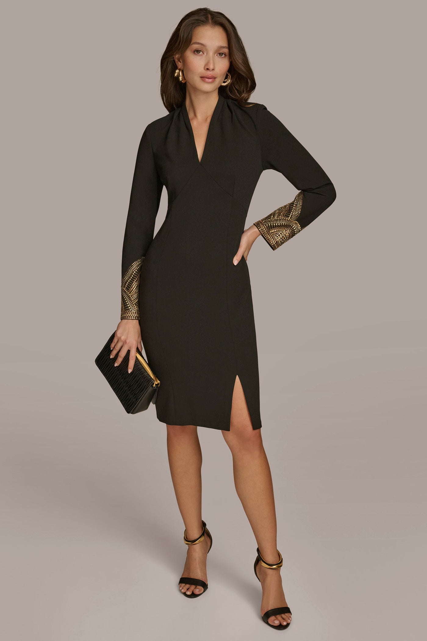 Donna Karan | LONG SLEEVE V-NECK SHEATH DRESS