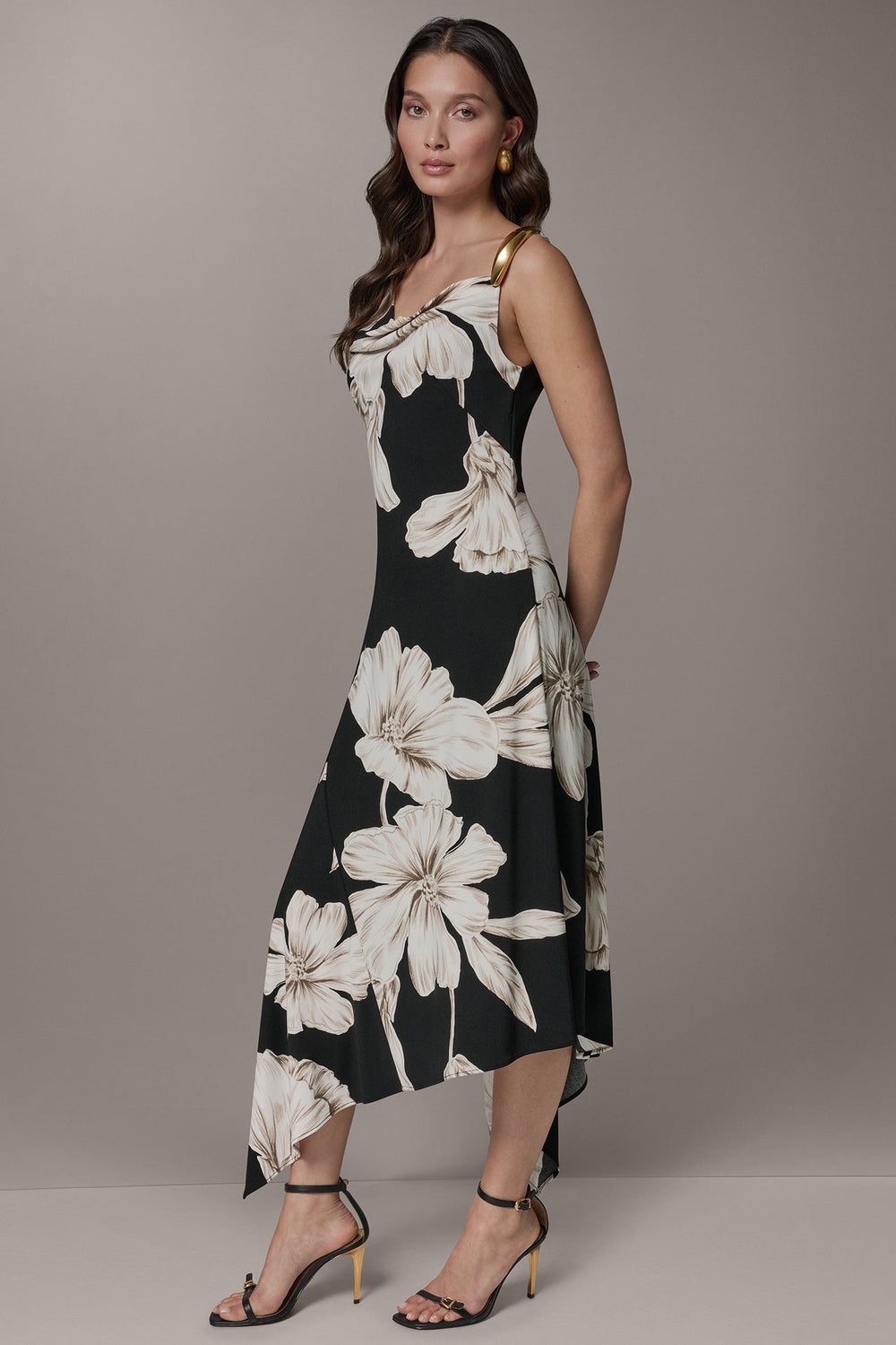Donna Karan | SLEEVELESS COWL-NECK ASYMMETRIC FLORAL MIDI DRESS