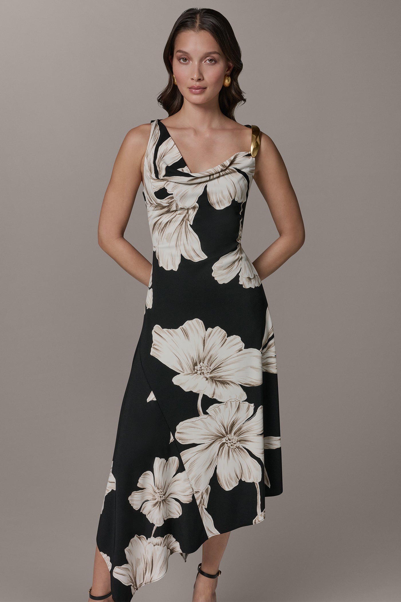 Donna Karan | SLEEVELESS COWL-NECK ASYMMETRIC FLORAL MIDI DRESS