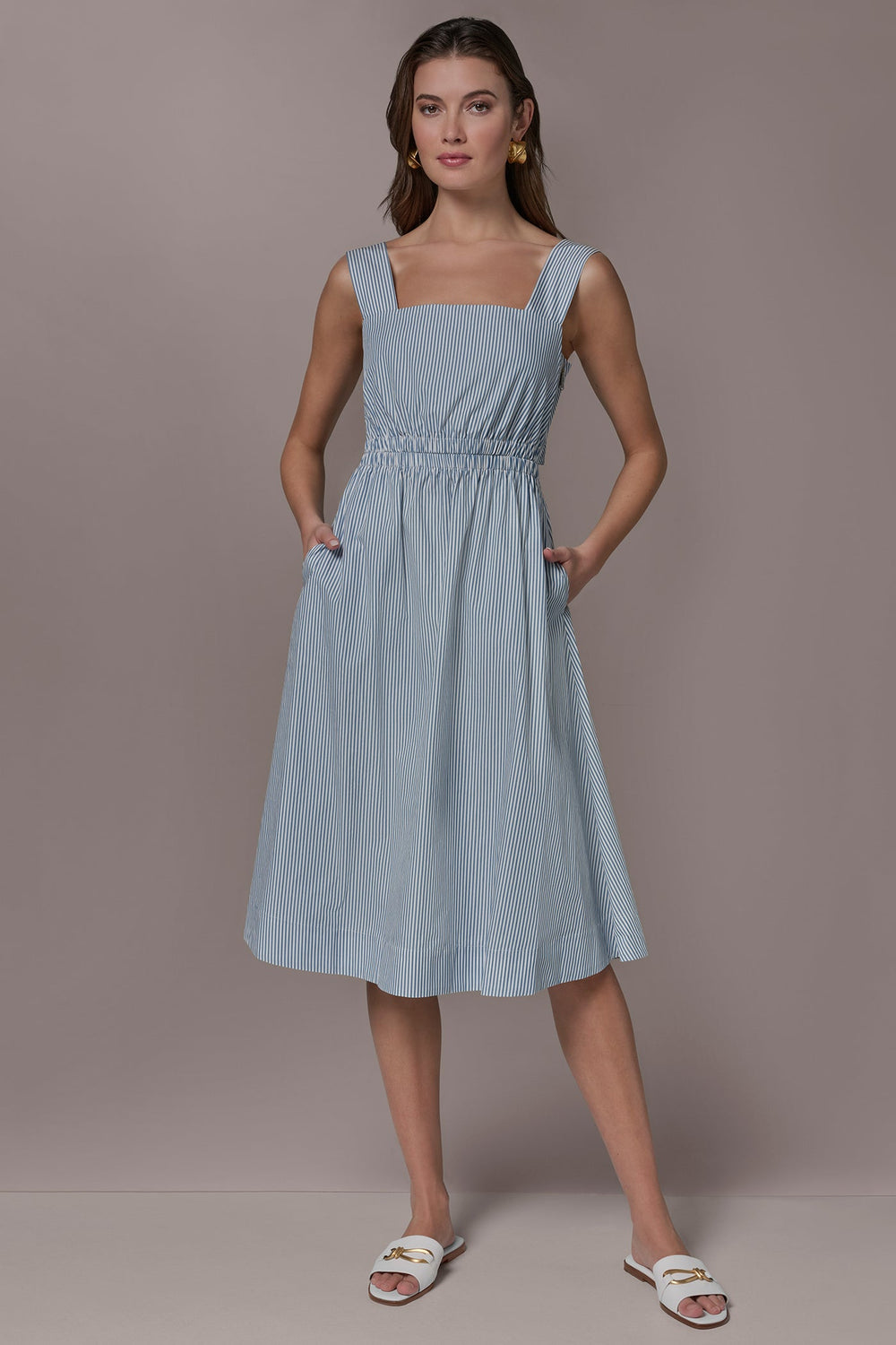 Donna Karan | COTTON-POPLIN STRIPE CUTOUT MIDI DRESS
