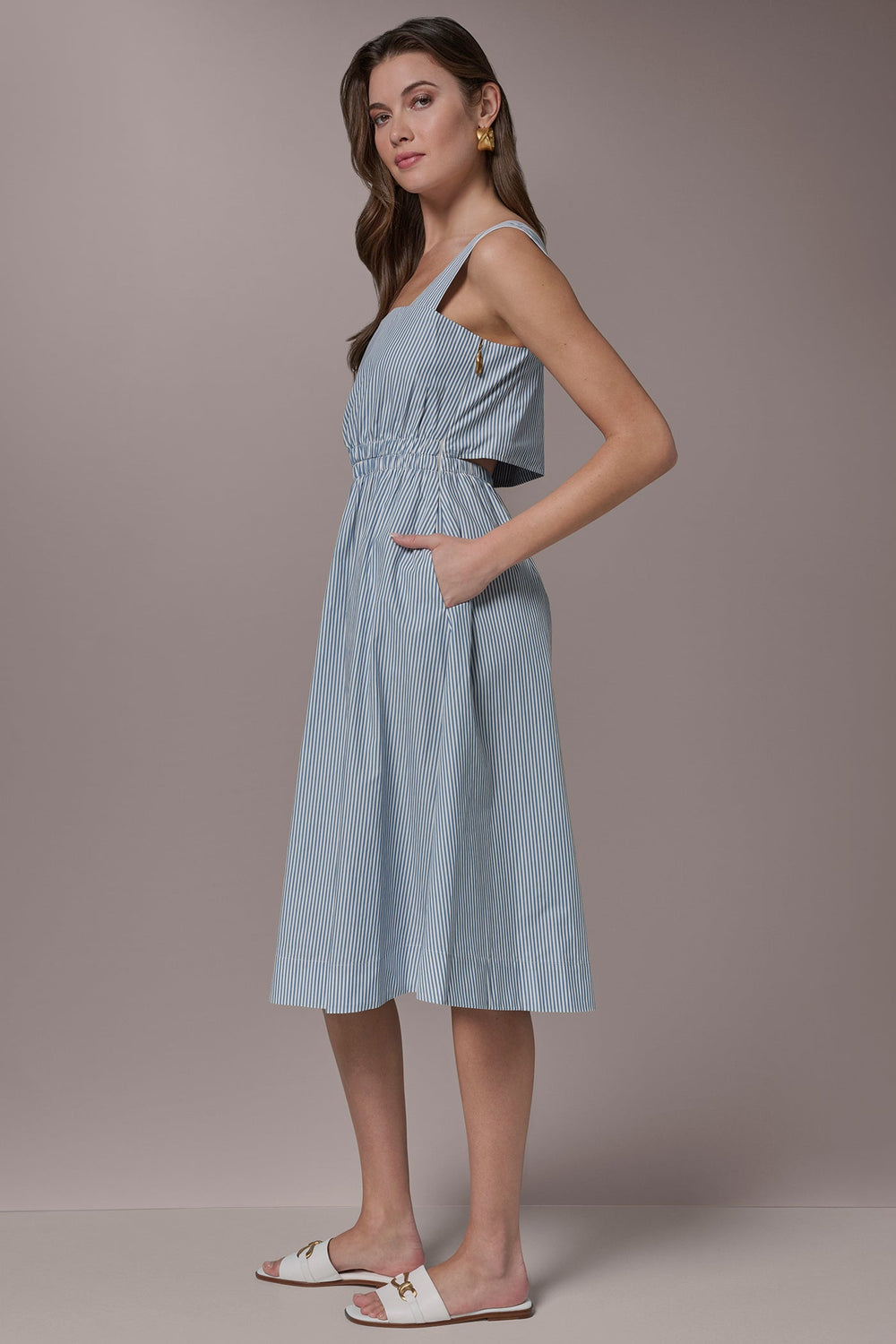Donna Karan | COTTON-POPLIN STRIPE CUTOUT MIDI DRESS