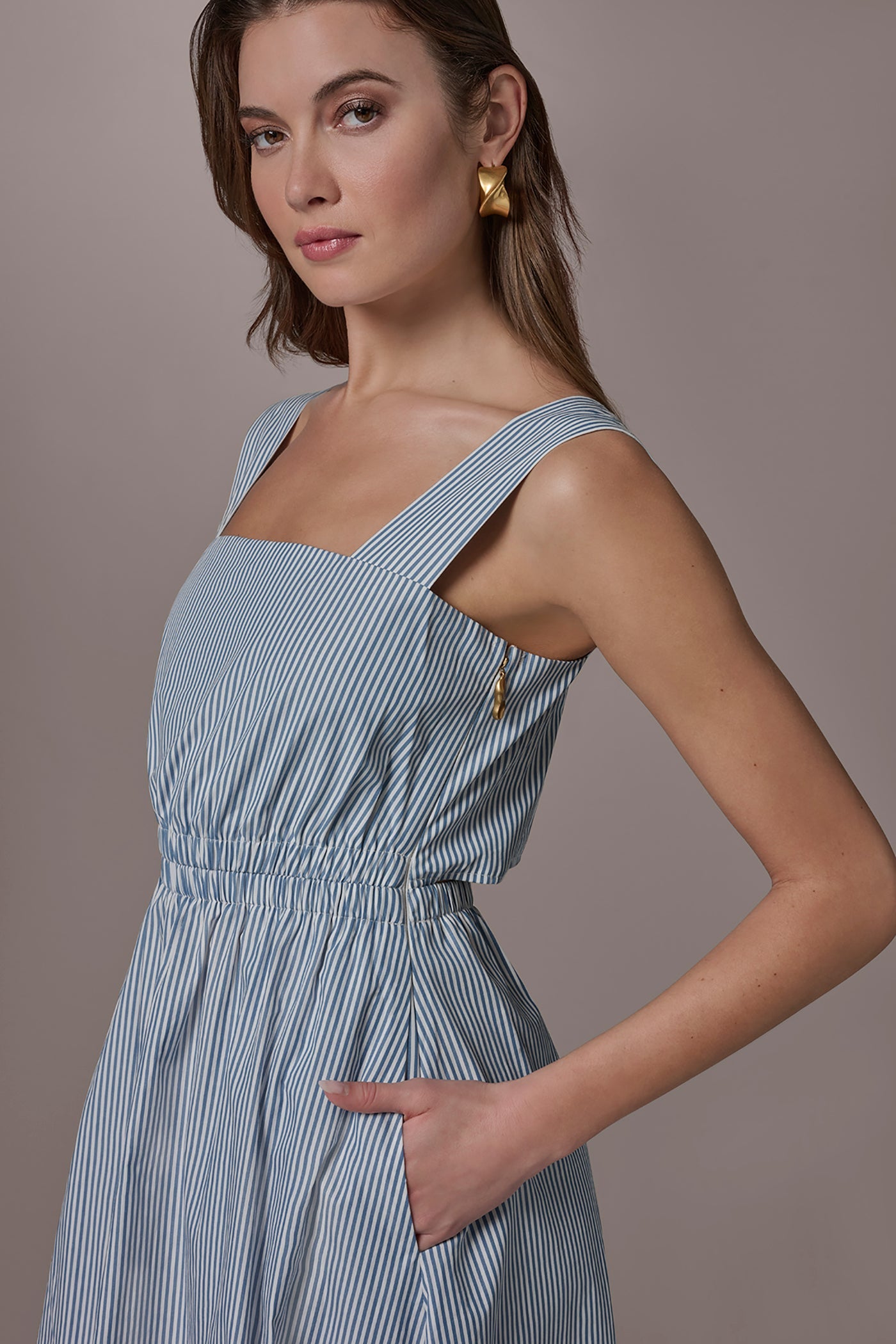 Donna Karan | COTTON-POPLIN STRIPE CUTOUT MIDI DRESS