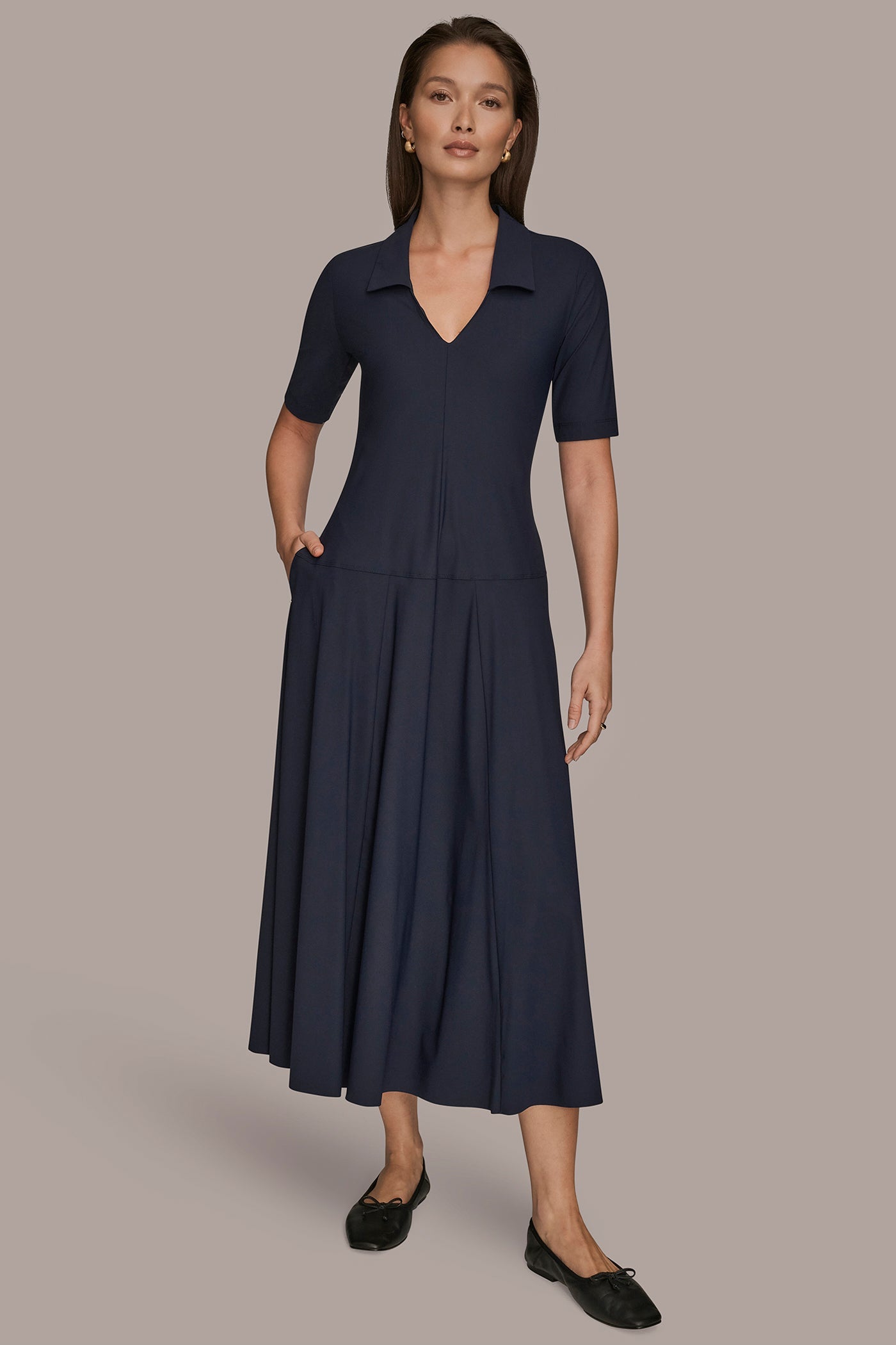 Donna Karan | THE MODERN TRAVEL ELBOW SLEEVE MIDI POLO DRESS