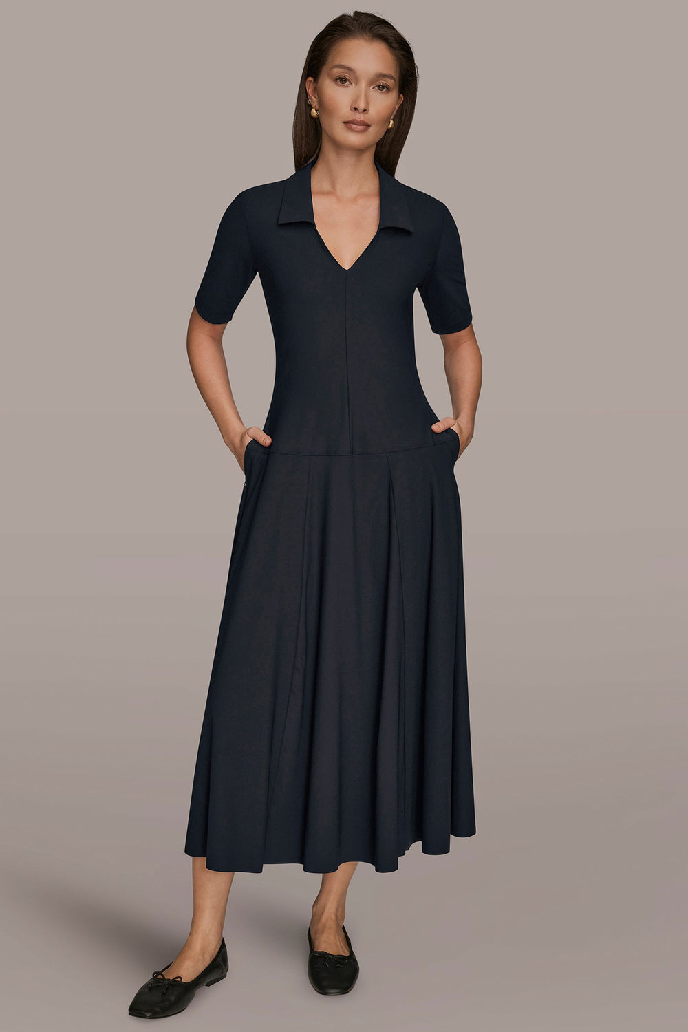 Donna Karan | THE MODERN TRAVEL ELBOW SLEEVE MIDI POLO DRESS