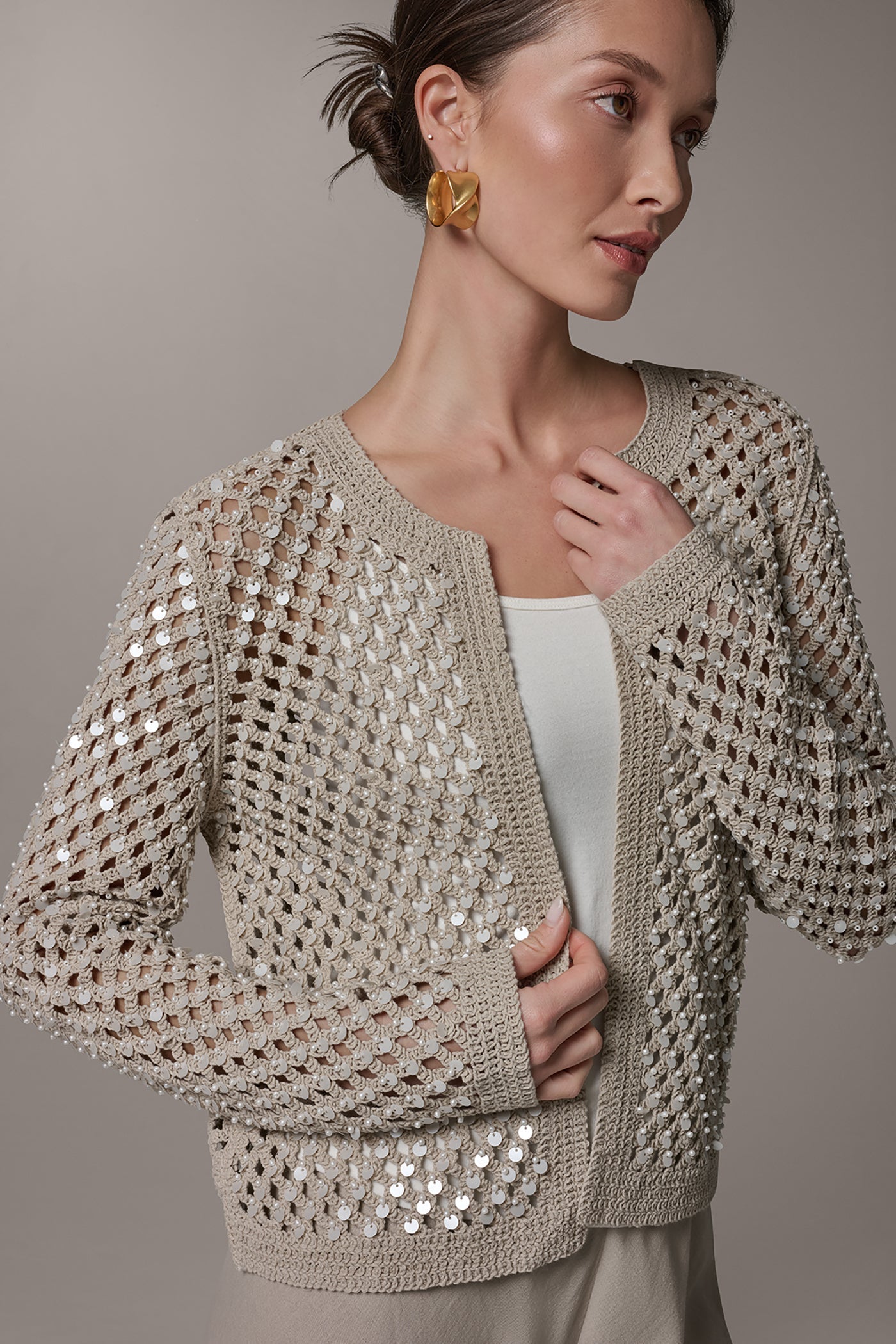 Donna Karan | LONG SLEEVE PEARL SEQUIN CARDIGAN