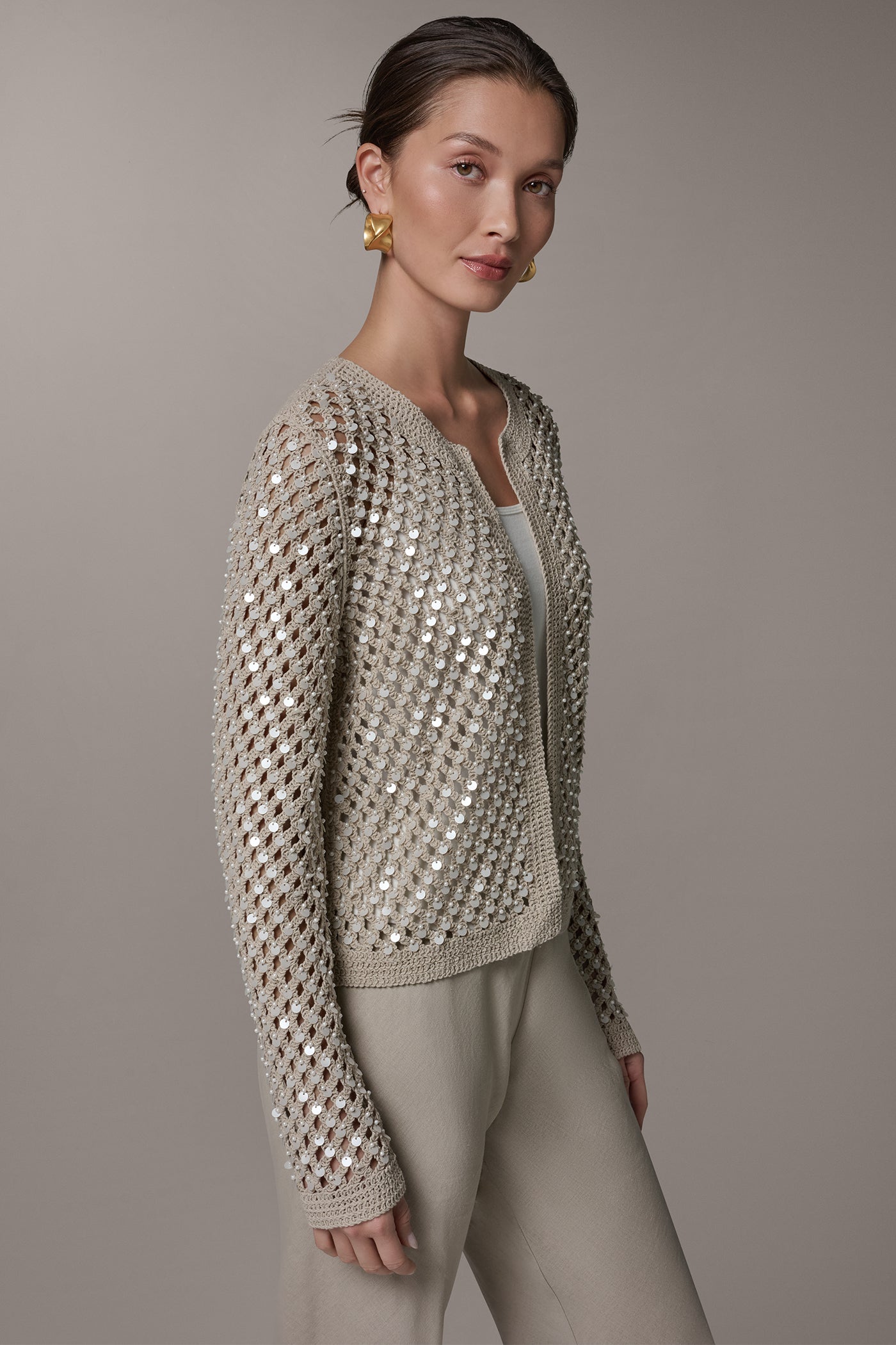 Donna Karan | LONG SLEEVE PEARL SEQUIN CARDIGAN