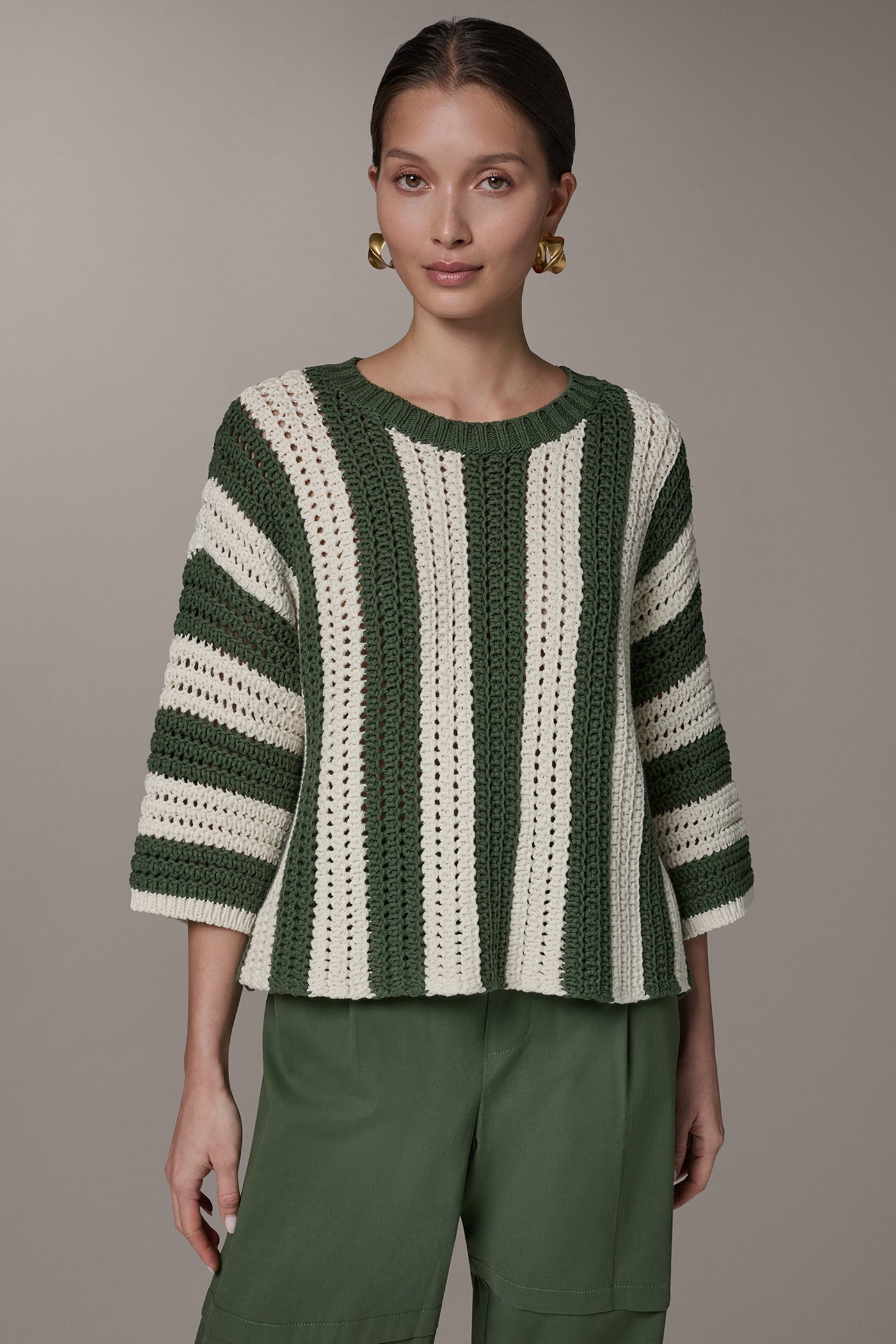 Donna Karan | ELBOW SLEEVE POINTELLE STRIPE SWEATER