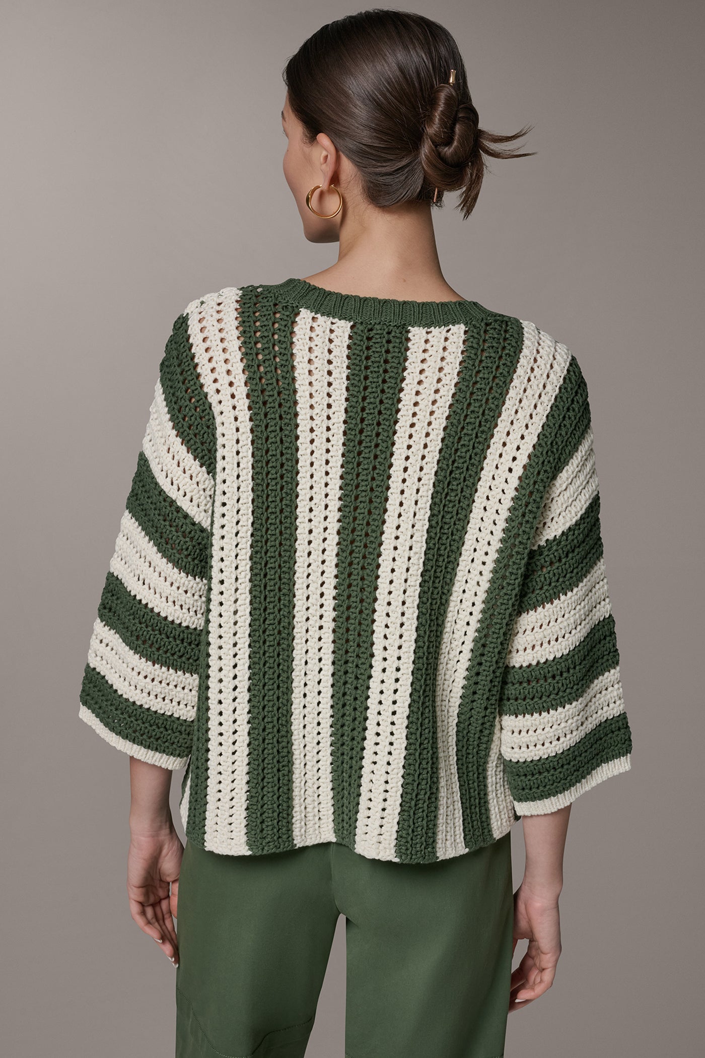 Donna Karan | ELBOW SLEEVE POINTELLE STRIPE SWEATER