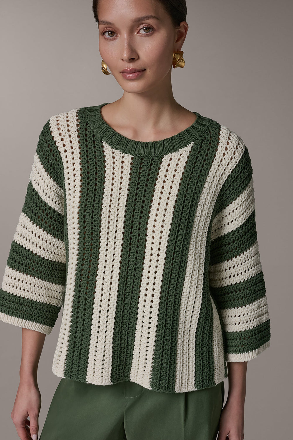 Donna Karan | ELBOW SLEEVE POINTELLE STRIPE SWEATER