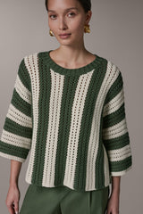 Donna Karan | ELBOW SLEEVE POINTELLE STRIPE SWEATER