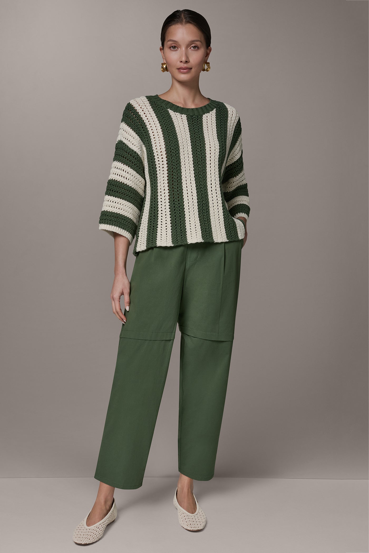 Donna Karan | ELBOW SLEEVE POINTELLE STRIPE SWEATER