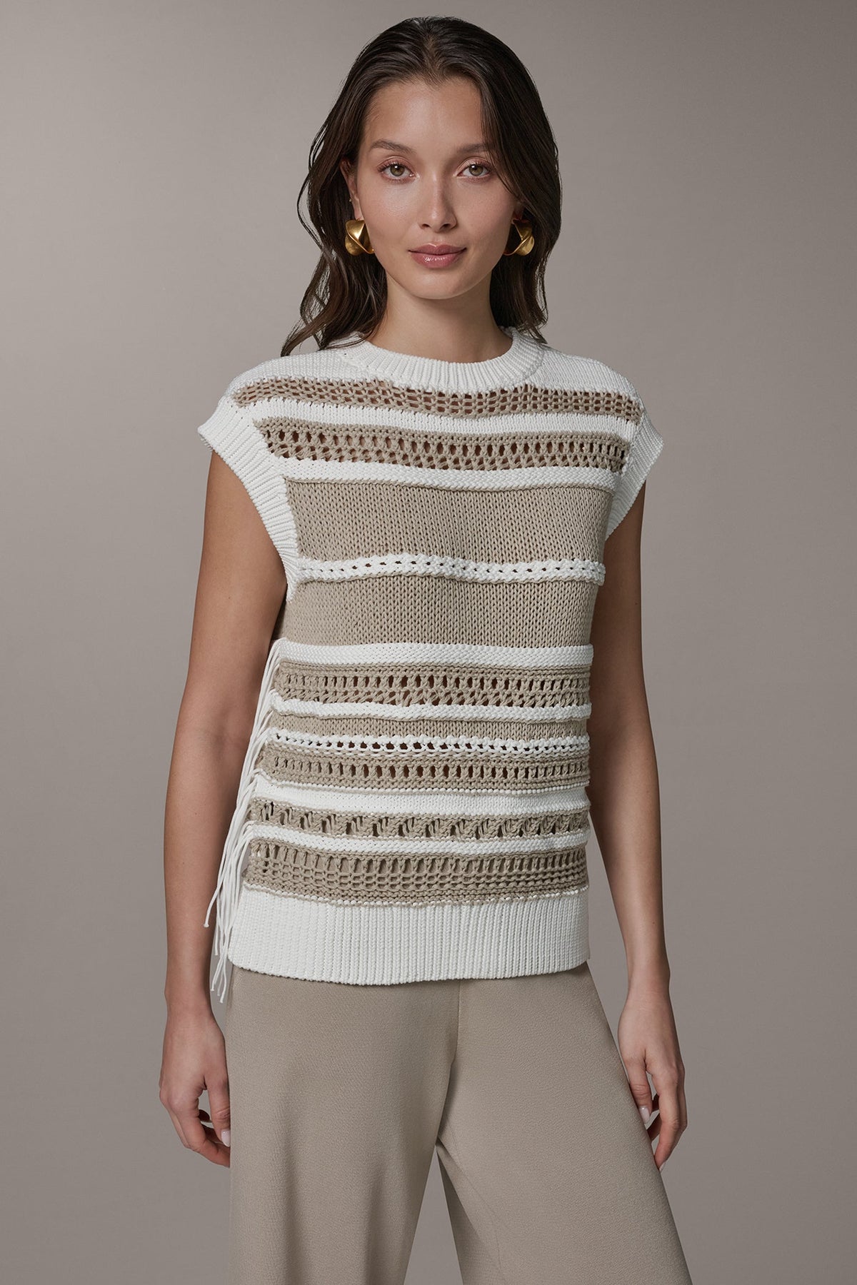 Donna Karan | SLEEVELESS STRIPE FRINGE SEQUIN SWEATER