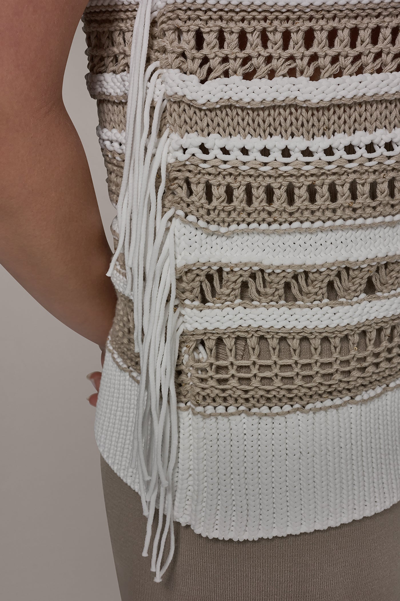 Donna Karan | SLEEVELESS STRIPE FRINGE SEQUIN SWEATER