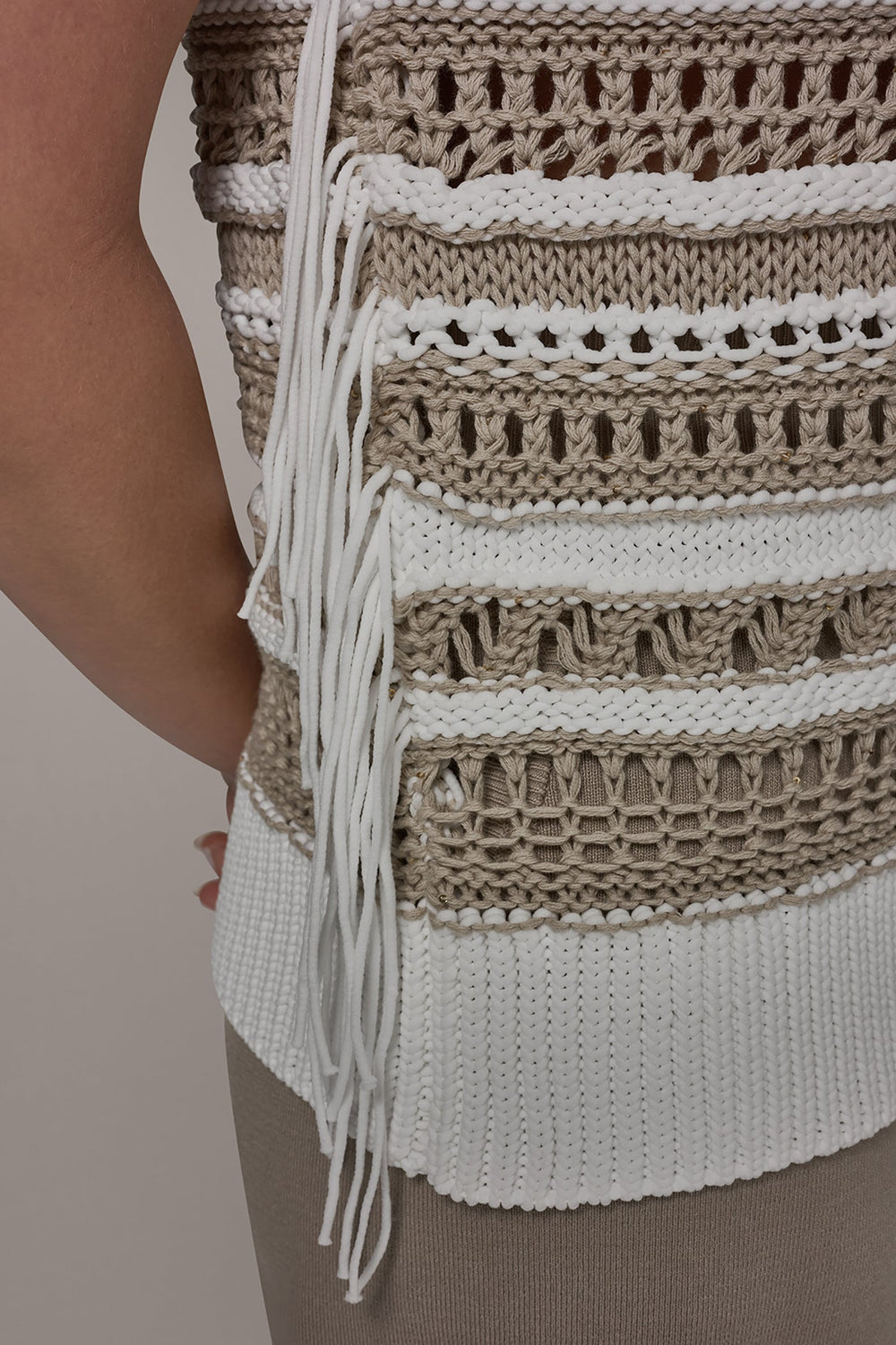 Donna Karan | SLEEVELESS STRIPE FRINGE SEQUIN SWEATER