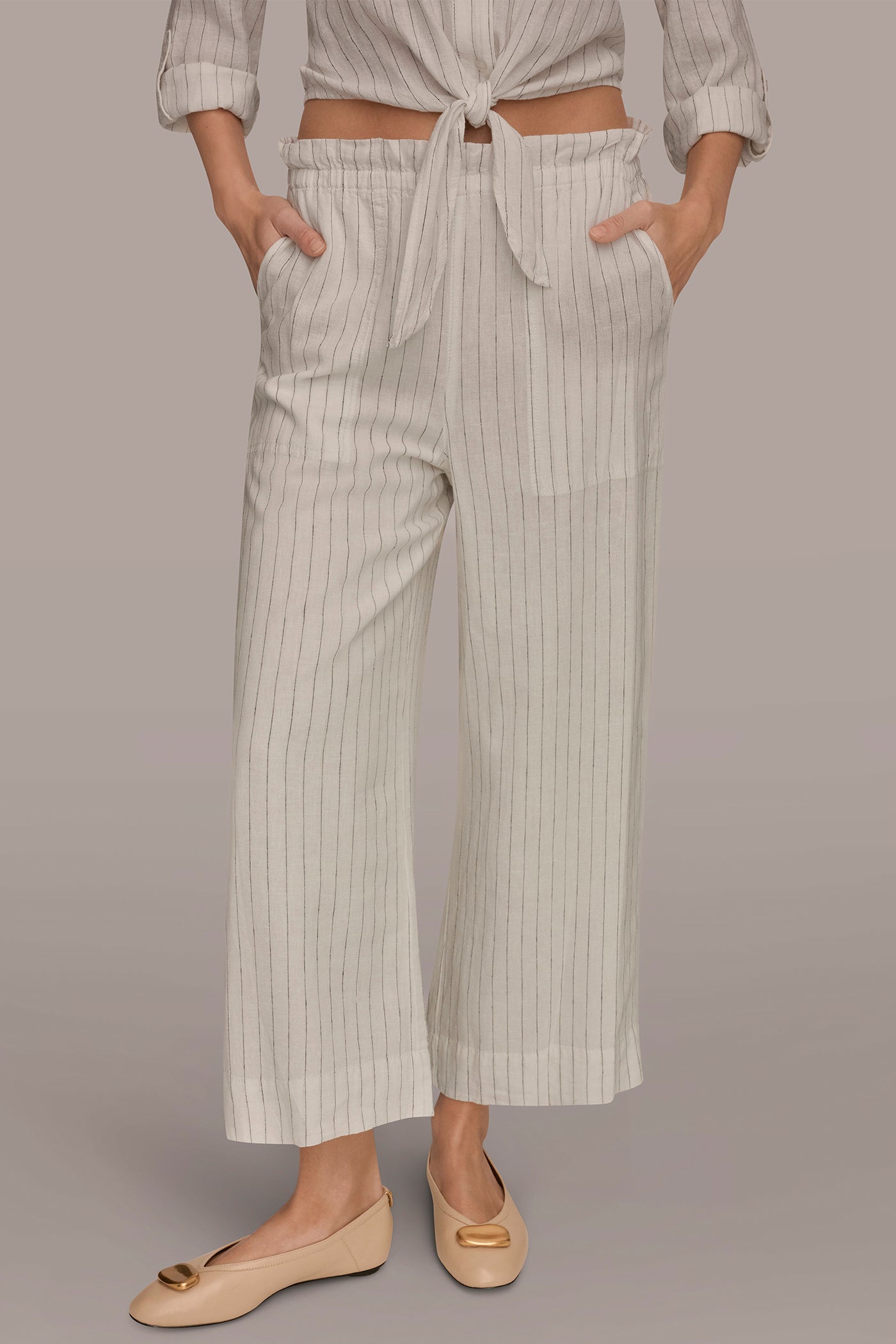 Donna Karan | LINEN HIGH-RISE PINSTRIPED PAPERBAG PANT
