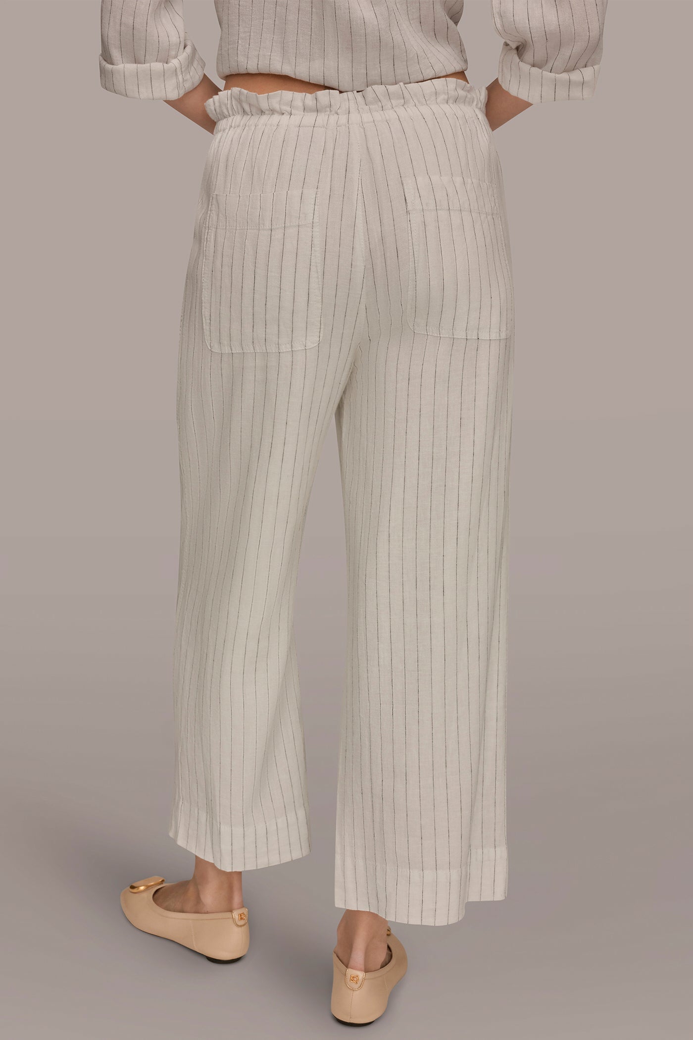 Donna Karan | LINEN HIGH-RISE PINSTRIPED PAPERBAG PANT