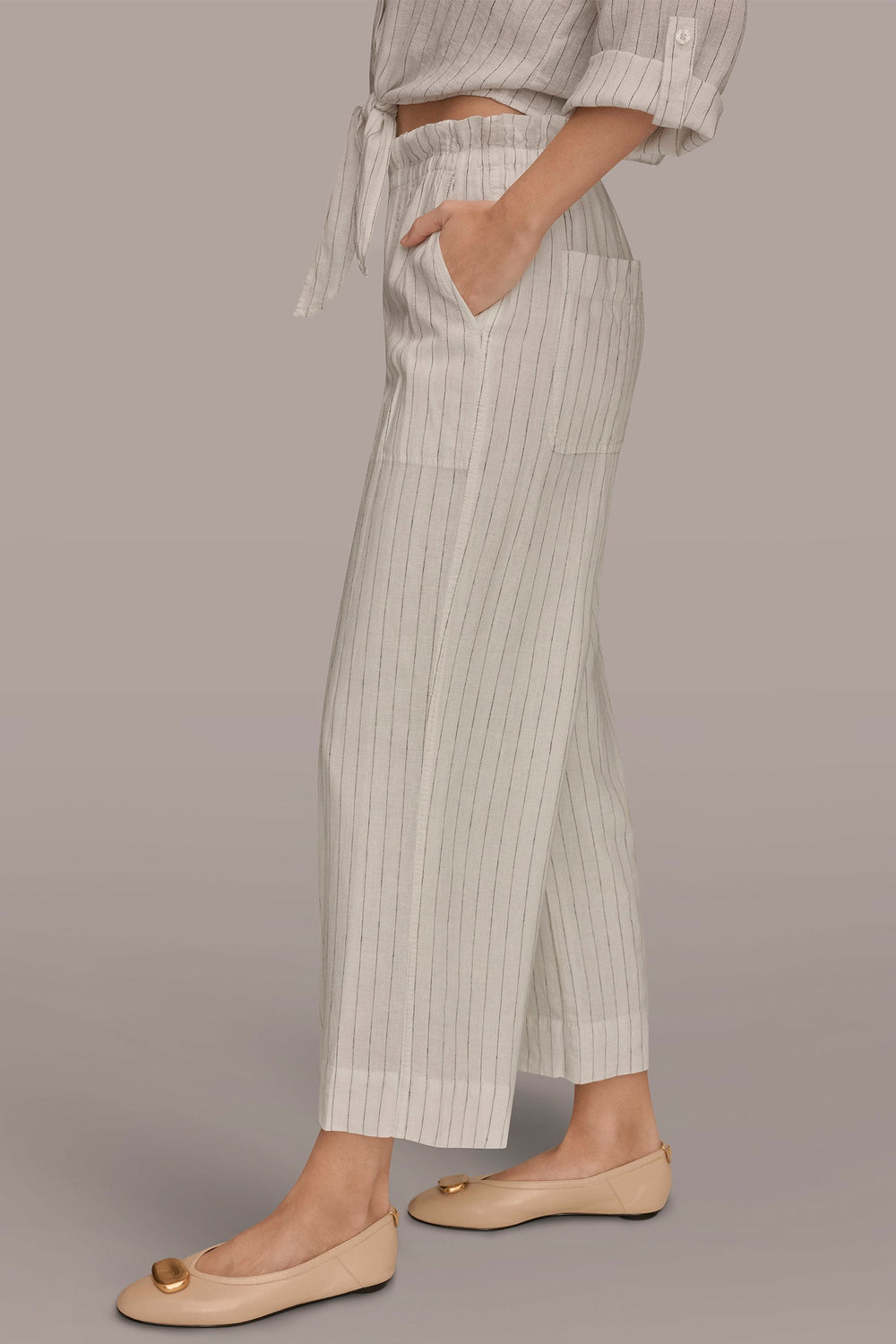 Donna Karan | LINEN HIGH-RISE PINSTRIPED PAPERBAG PANT