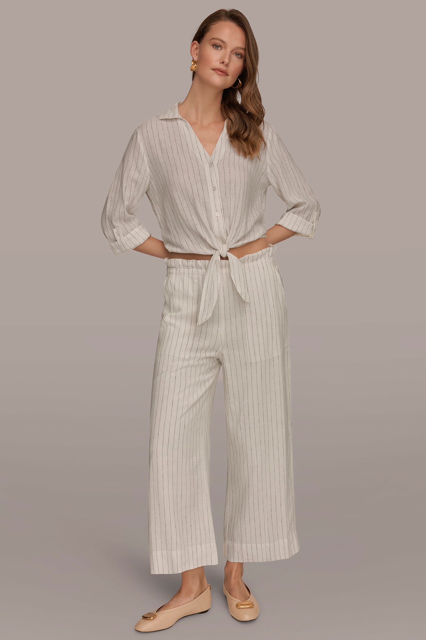 Donna Karan | LINEN HIGH-RISE PINSTRIPED PAPERBAG PANT