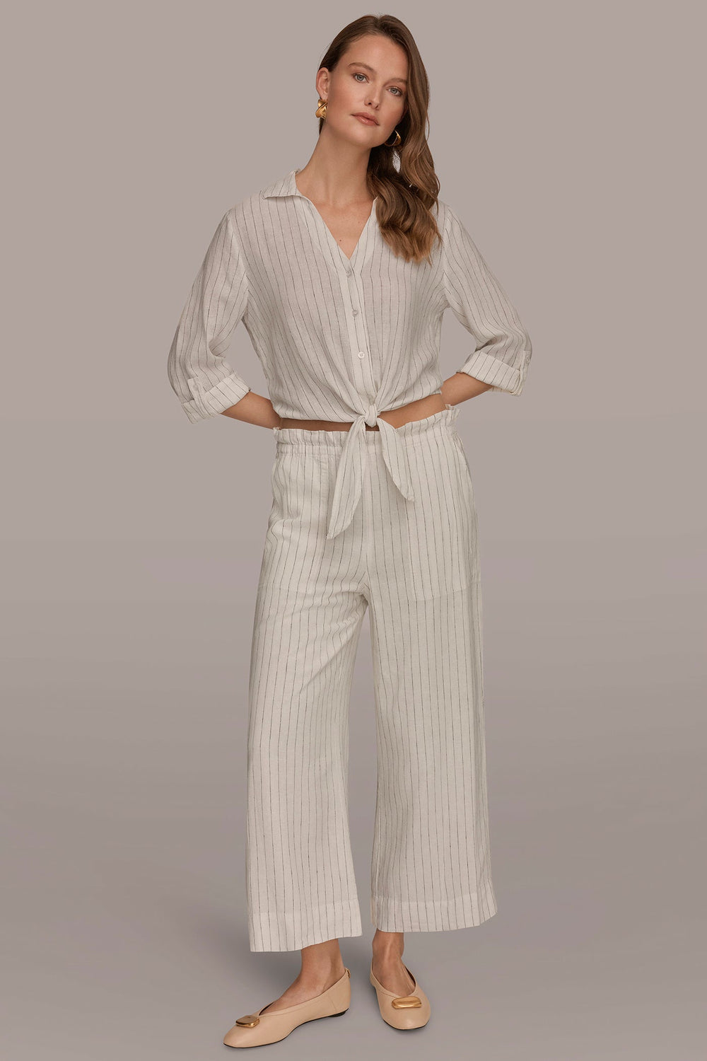 Donna Karan | LINEN HIGH-RISE PINSTRIPED PAPERBAG PANT