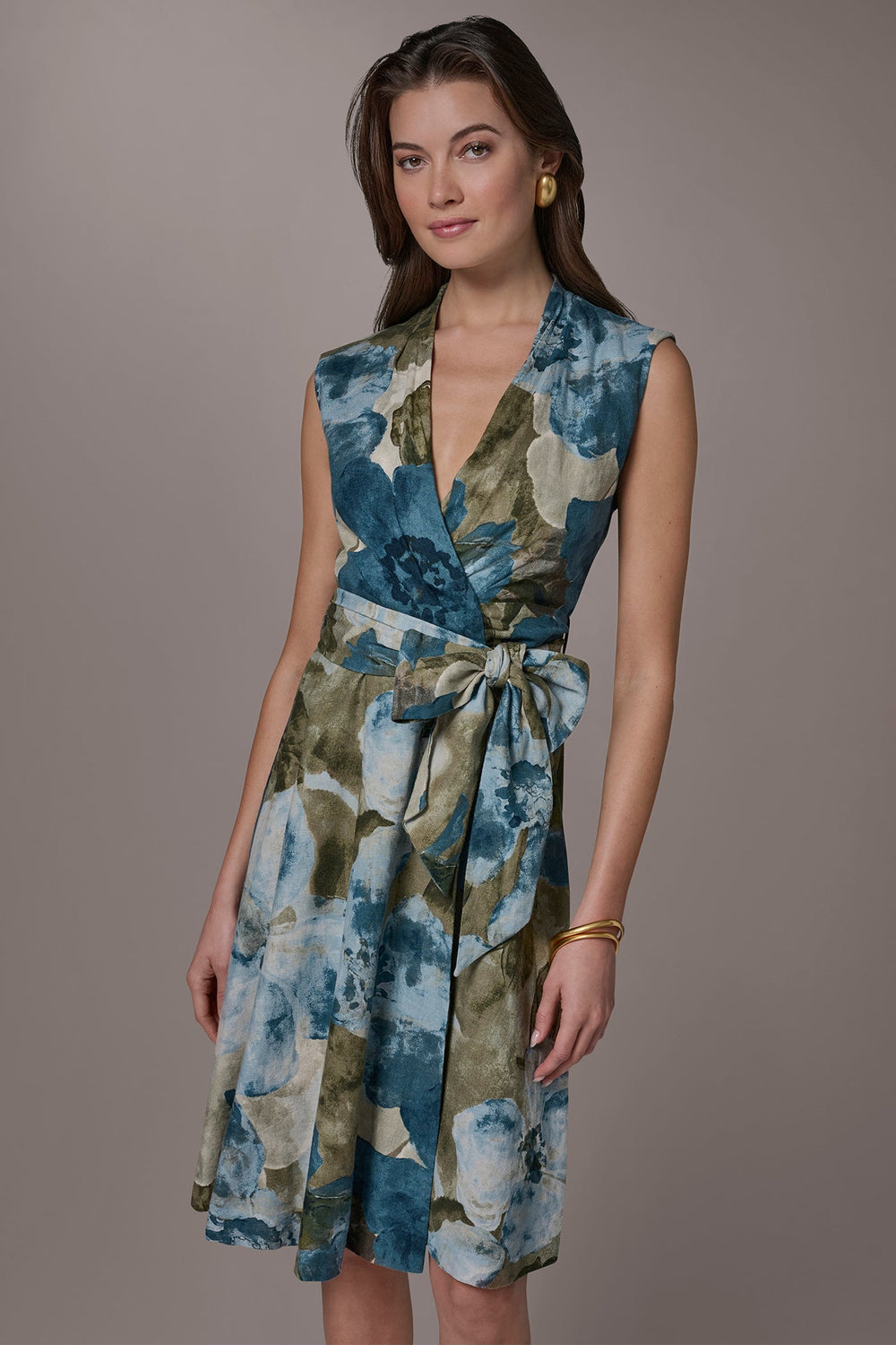Donna Karan | LINEN-BLEND SLEEVELESS FLORAL WRAP A-LINE DRESS