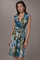 Donna Karan | LINEN-BLEND SLEEVELESS FLORAL WRAP A-LINE DRESS