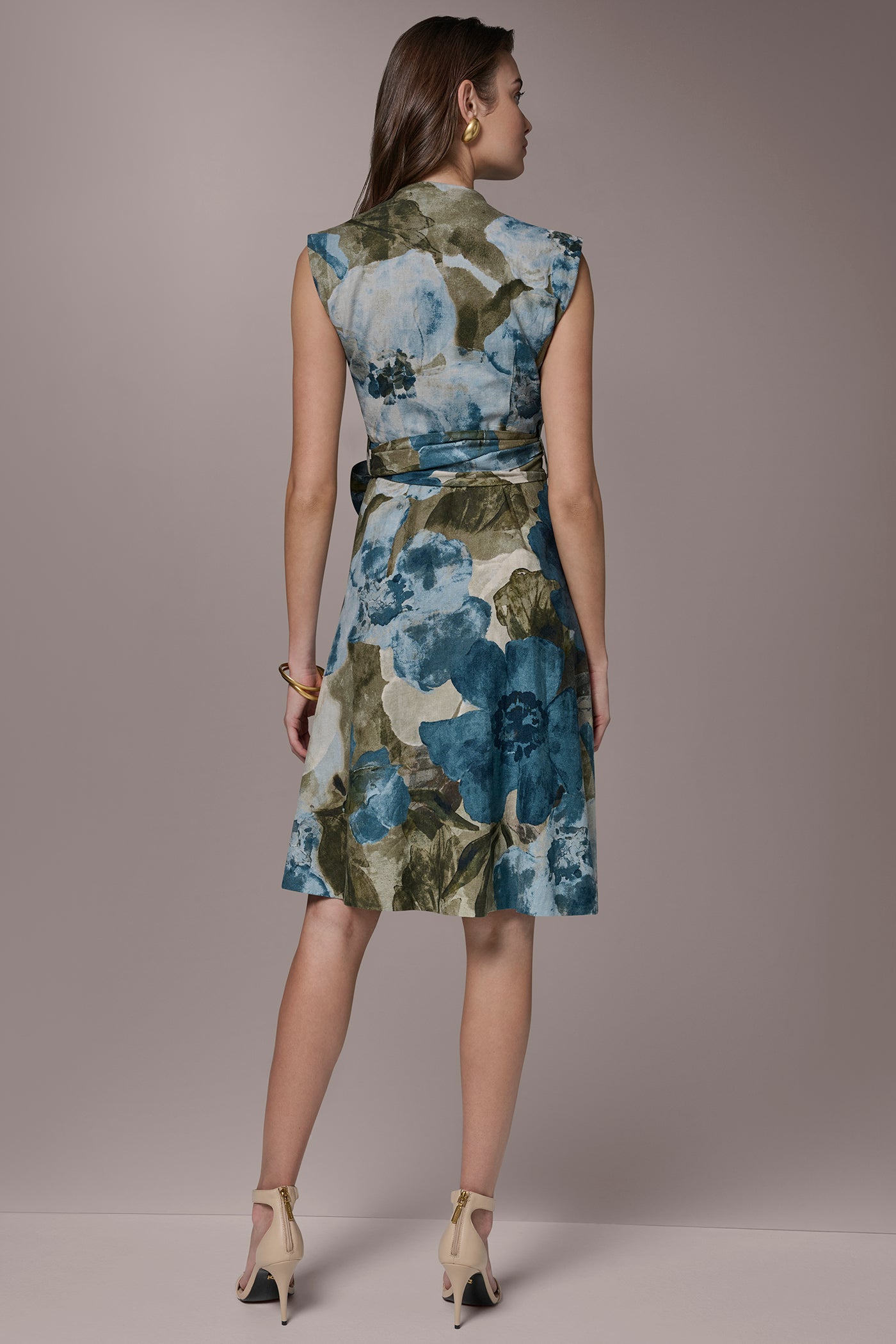 Donna Karan | LINEN-BLEND SLEEVELESS FLORAL WRAP A-LINE DRESS
