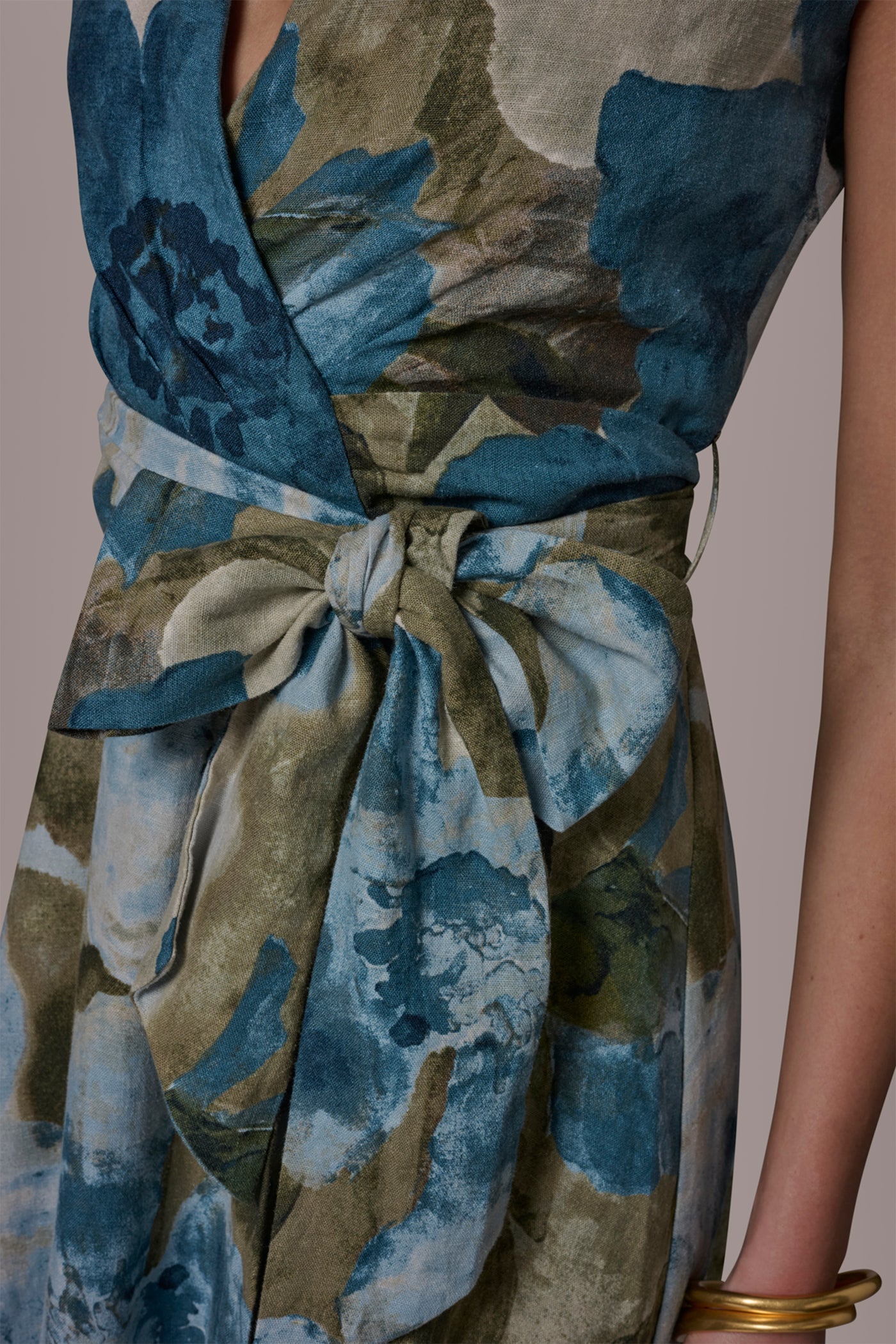 Donna Karan | LINEN-BLEND SLEEVELESS FLORAL WRAP A-LINE DRESS