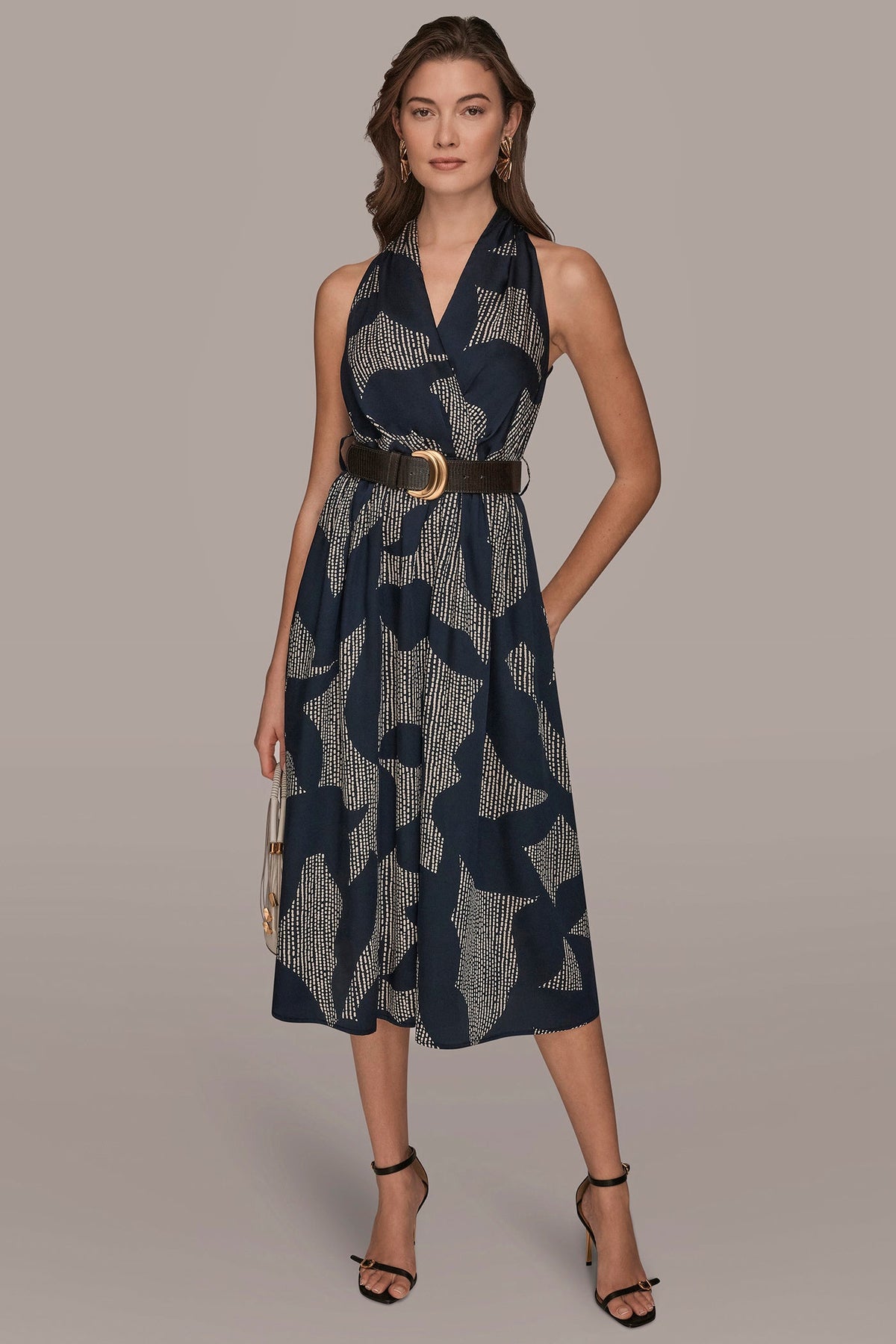 Donna Karan | PRINTED WRAP MIDI HALTER DRESS