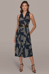 Donna Karan | PRINTED WRAP MIDI HALTER DRESS
