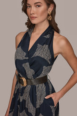 Donna Karan | PRINTED WRAP MIDI HALTER DRESS