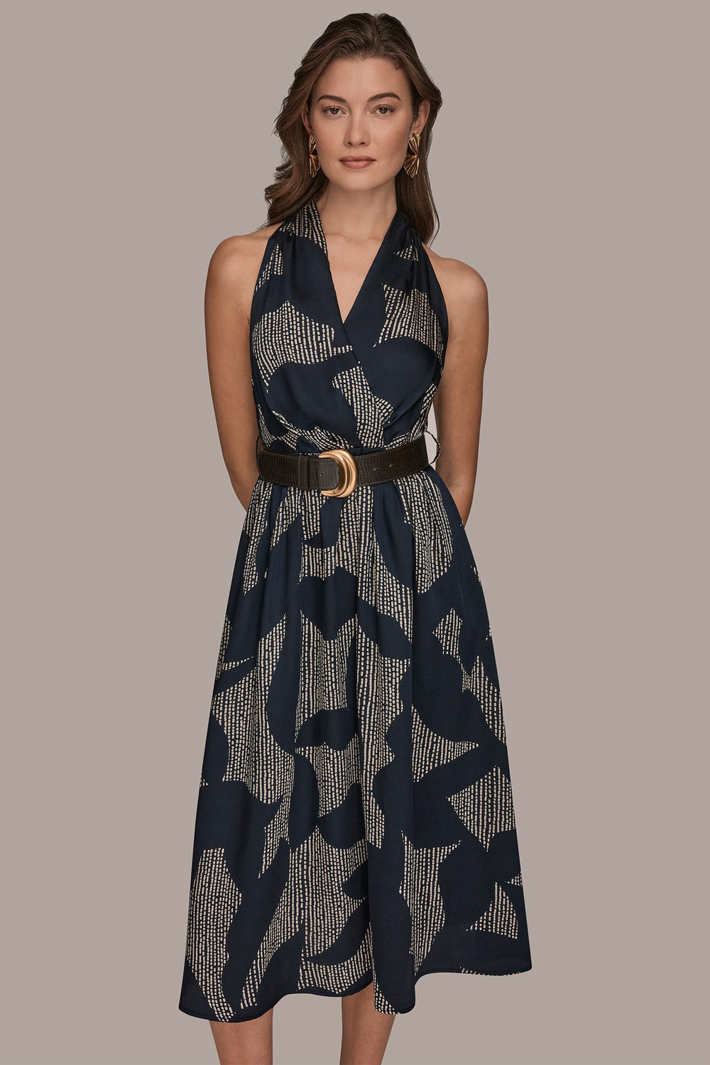 Donna Karan | PRINTED WRAP MIDI HALTER DRESS