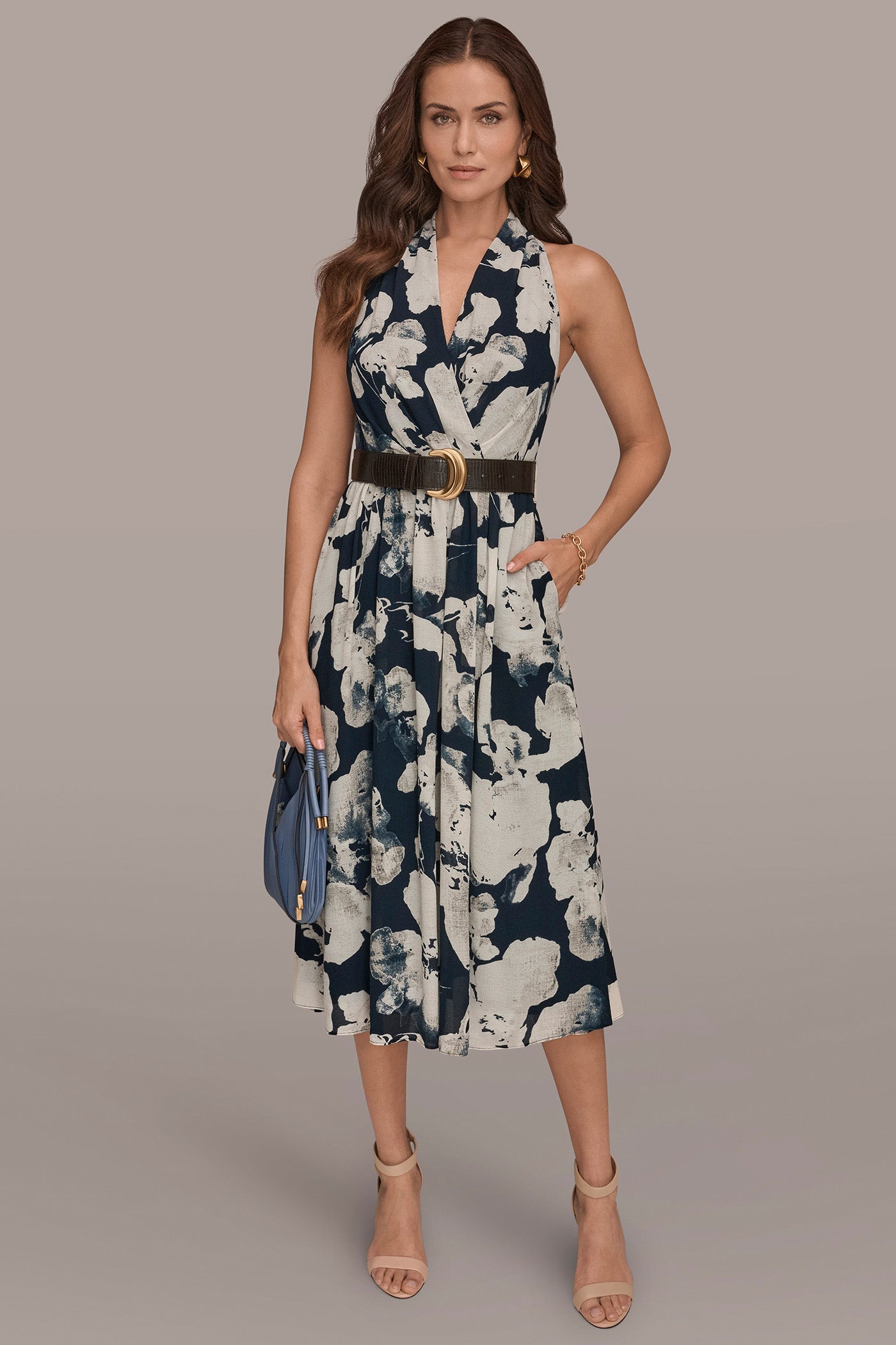Donna Karan | CHIFFON FLORAL MIDI HALTER DRESS