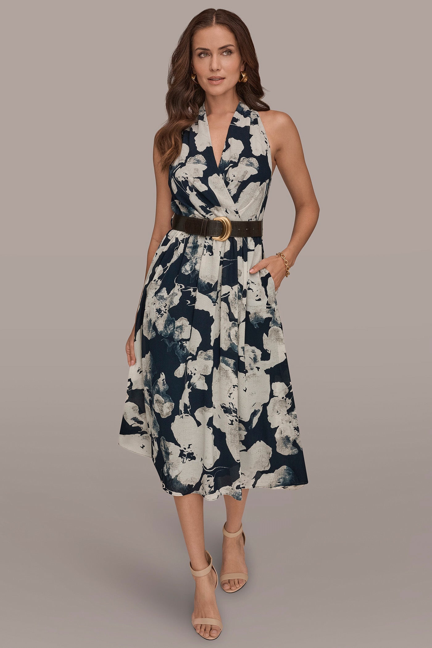 Donna Karan | CHIFFON FLORAL MIDI HALTER DRESS