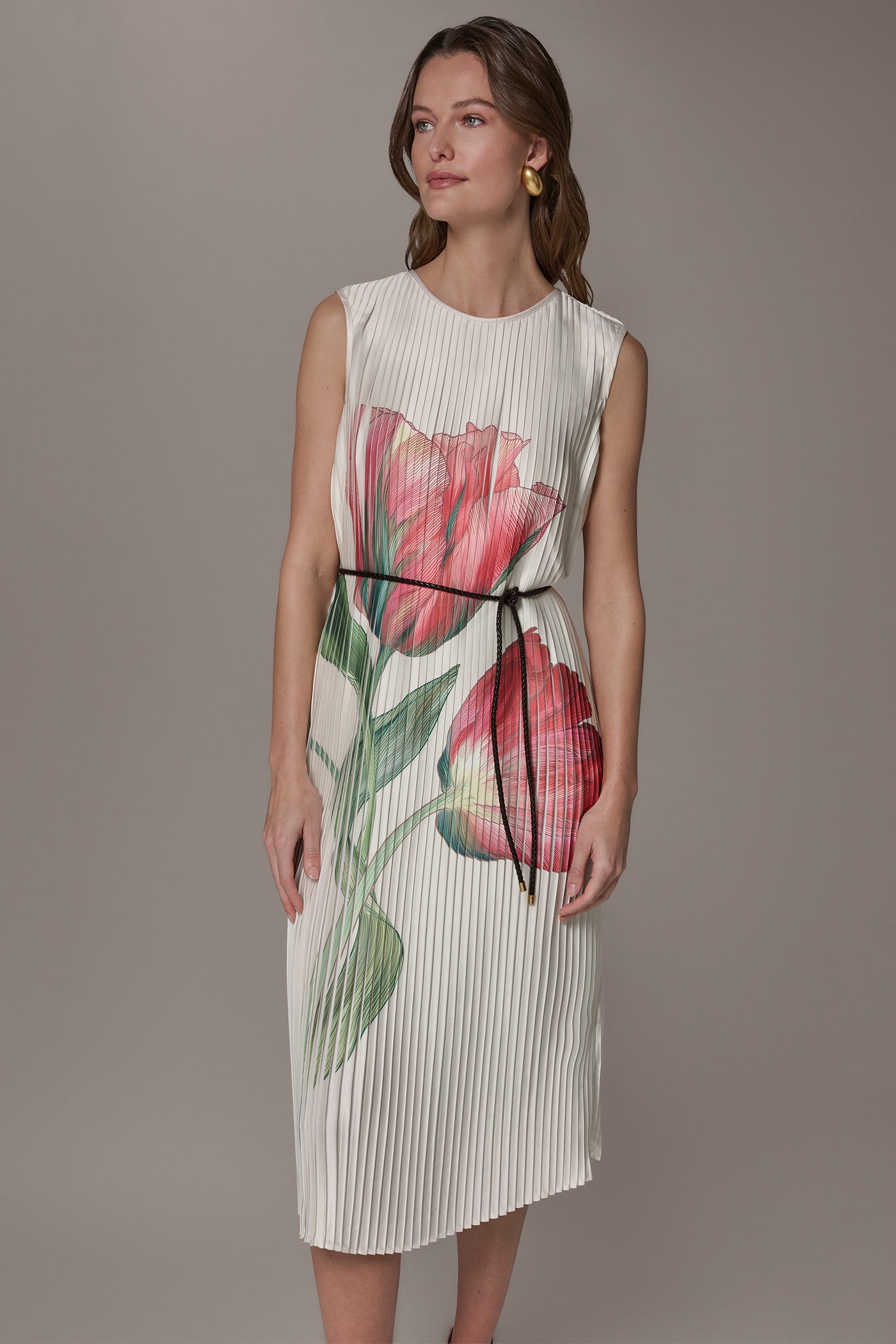 Donna Karan | FLORAL PLEATED MIDI A-LINE DRESS