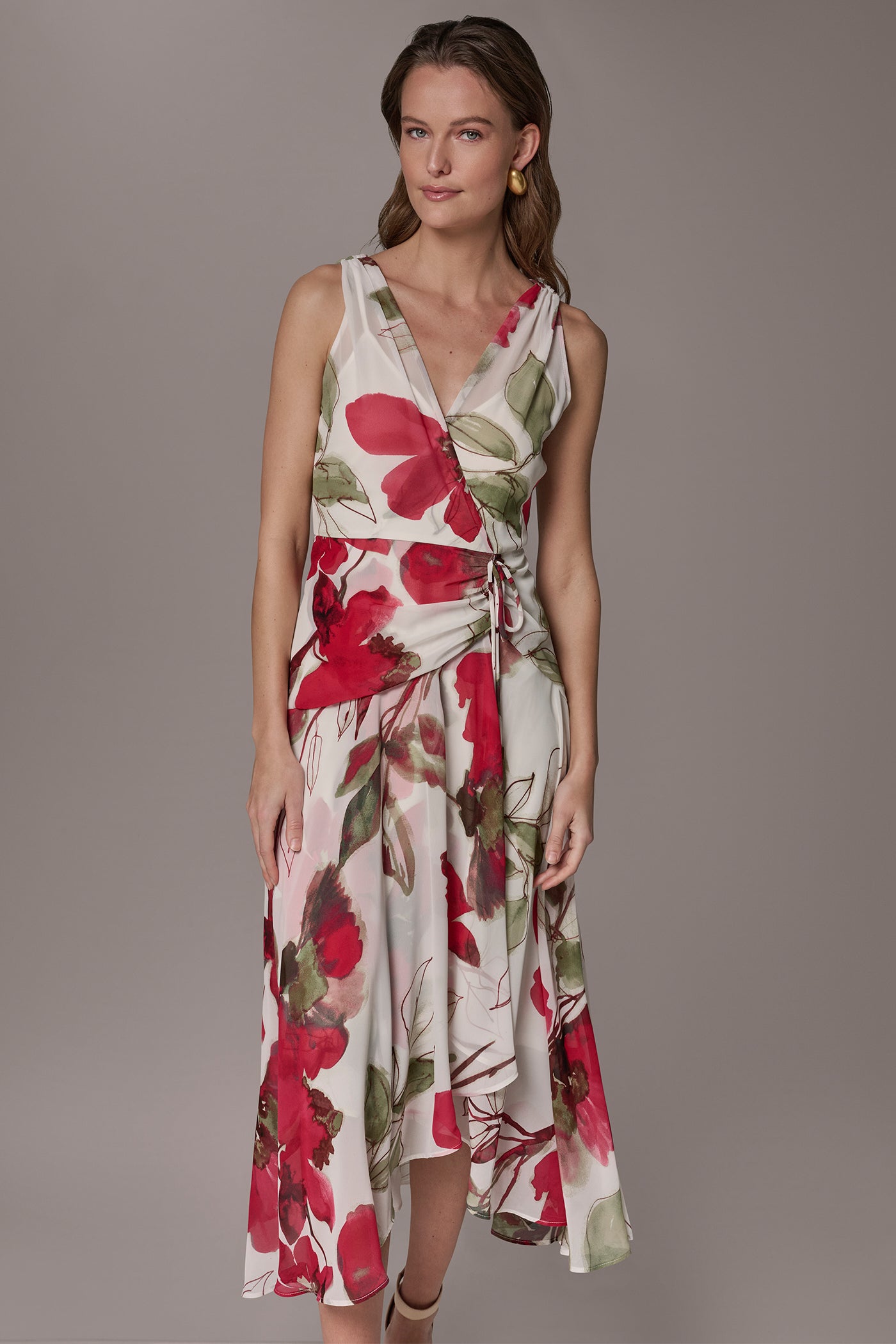 Donna Karan | CHIFFON FLORAL WRAP MIDI A-LINE DRESS