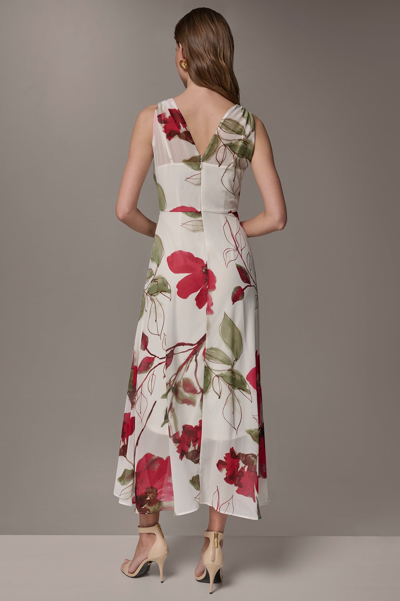 Donna Karan | CHIFFON FLORAL WRAP MIDI A-LINE DRESS