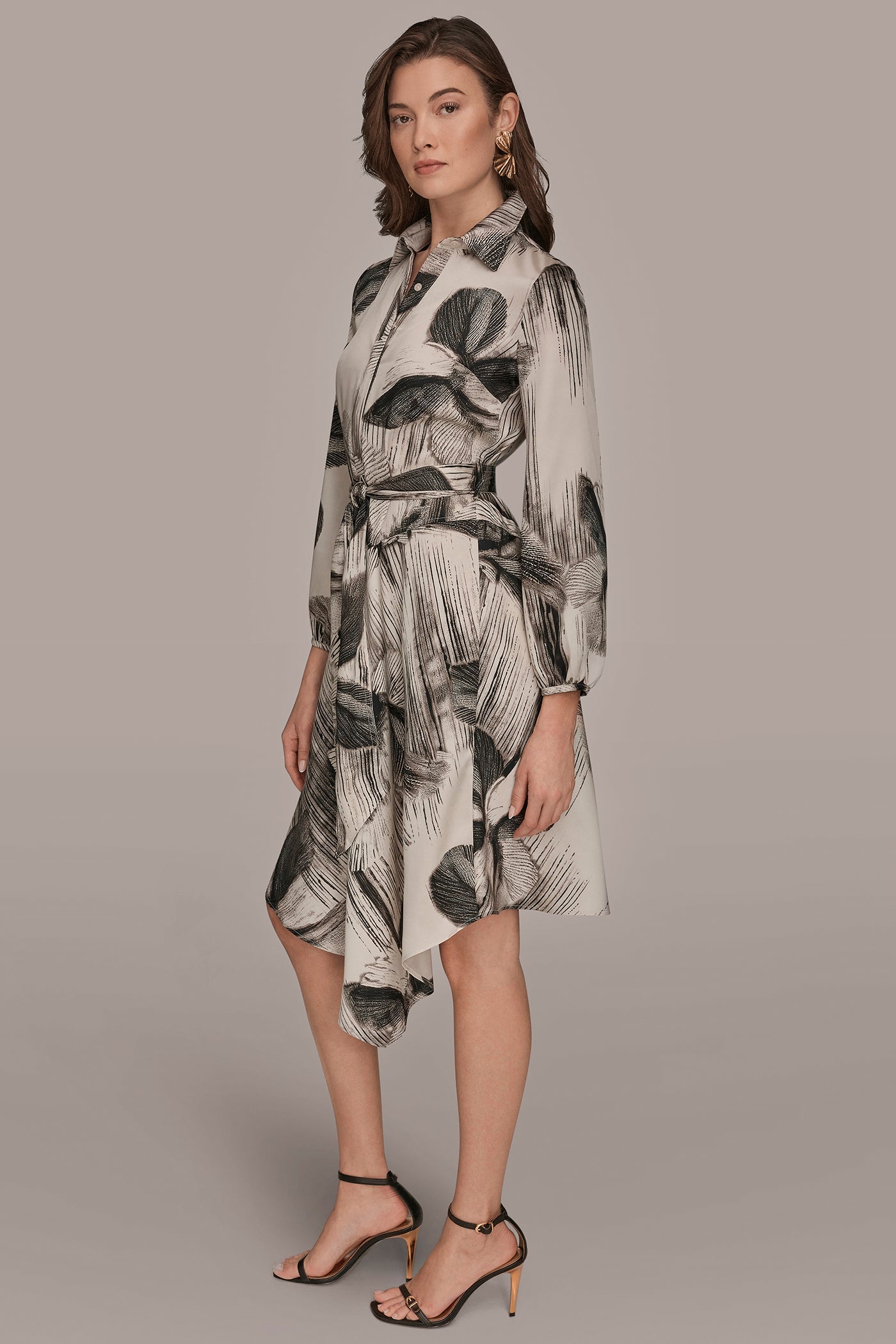 Donna Karan | FLORAL ASYMMETRIC MIDI A-LINE SHIRT DRESS