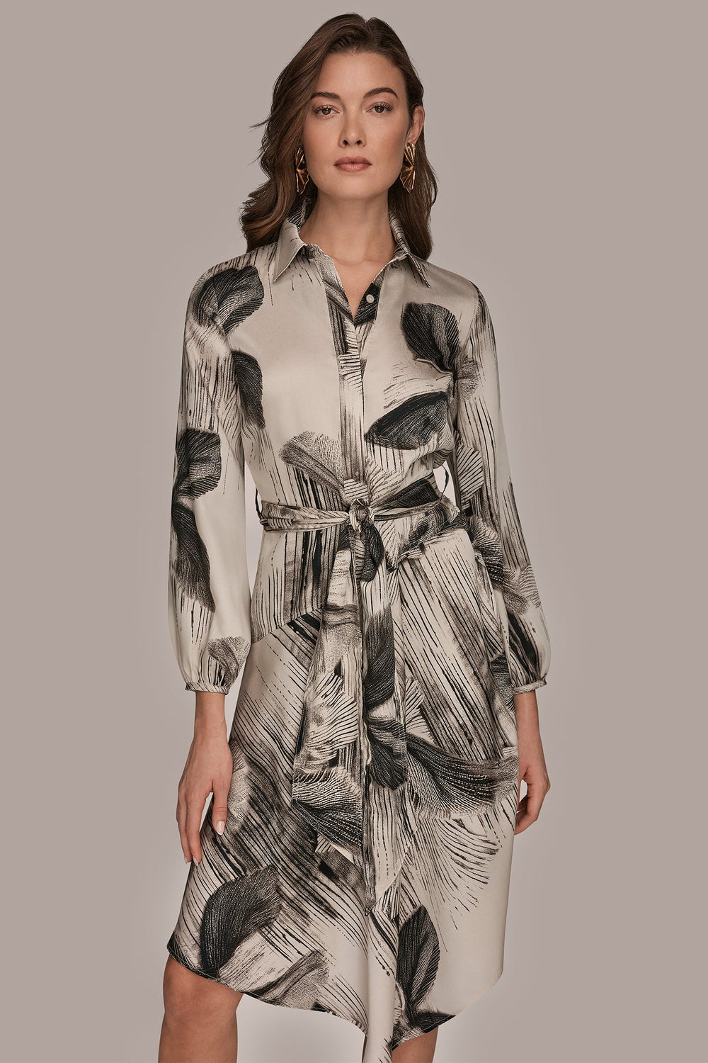 Donna Karan | FLORAL ASYMMETRIC MIDI A-LINE SHIRT DRESS