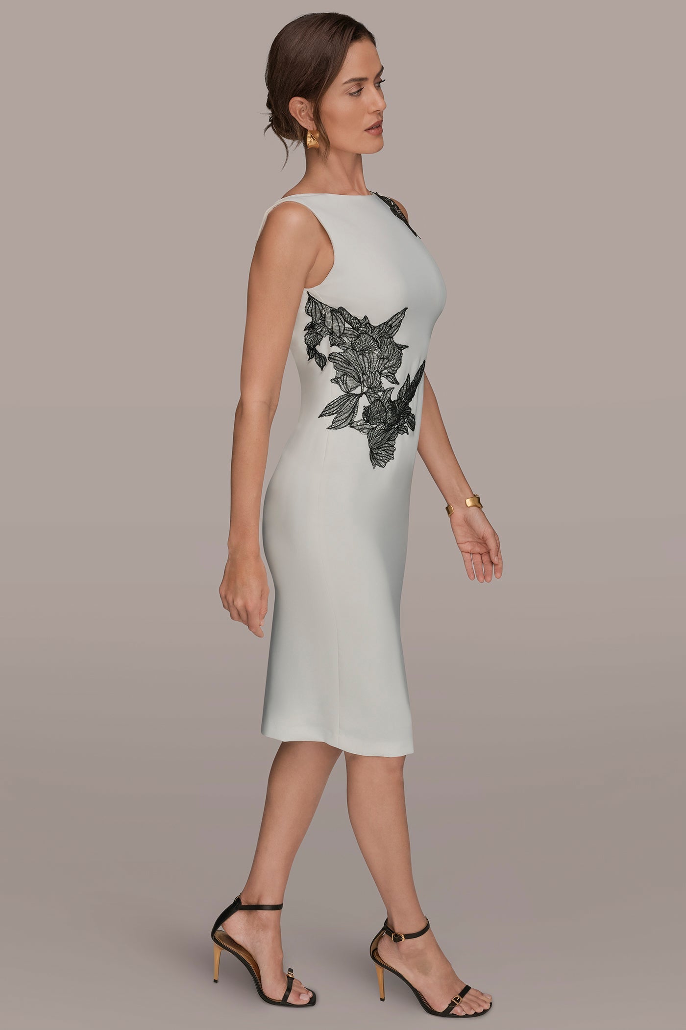 Donna Karan | FLORAL APPLIQUÉ SLEEVELESS COWL-BACK SHEATH DRESS
