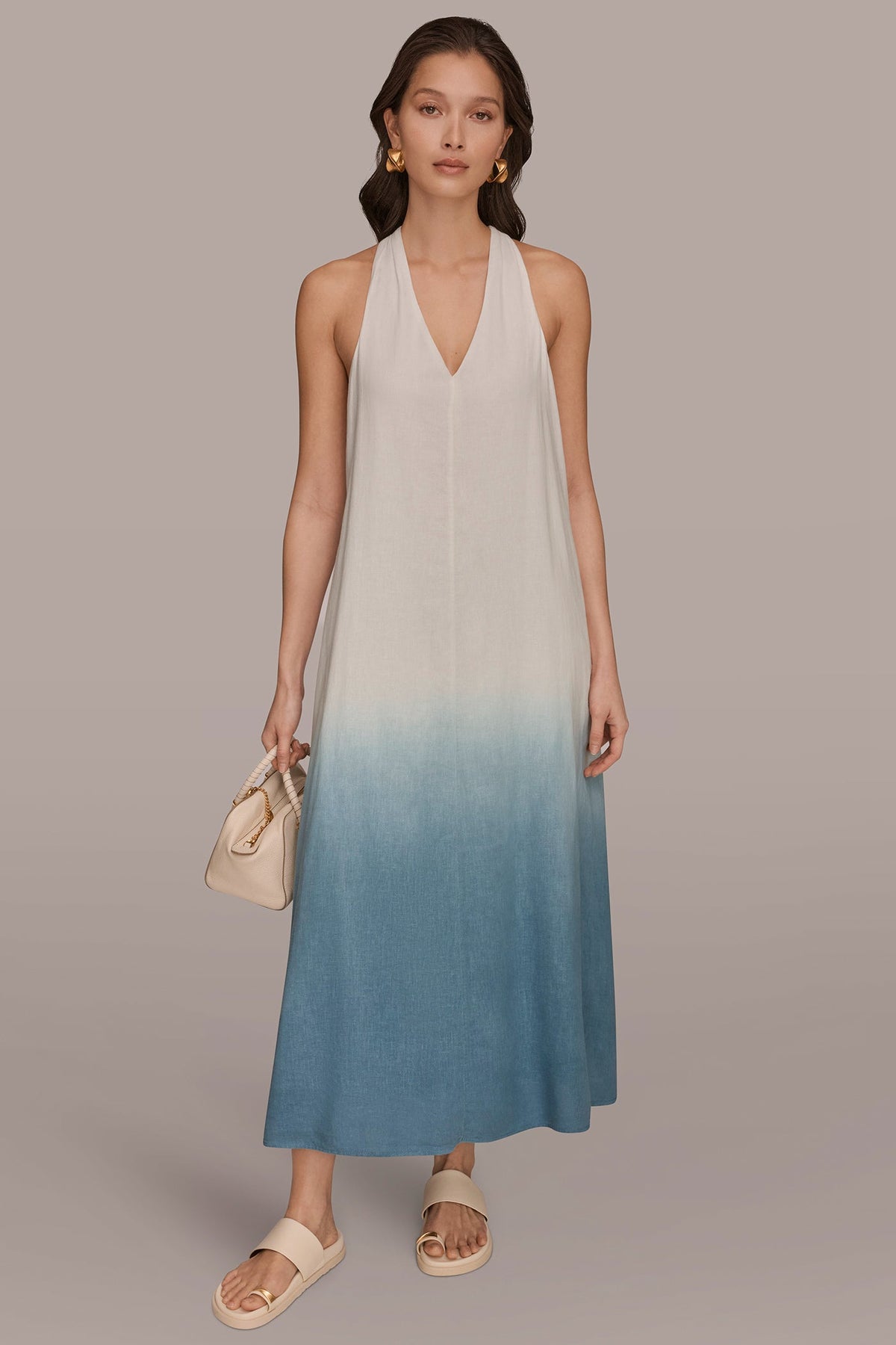 Donna Karan | LINEN-BLEND SLEEVELESS OMBRÉ TWIST-BACK MIDI HALTER DRESS