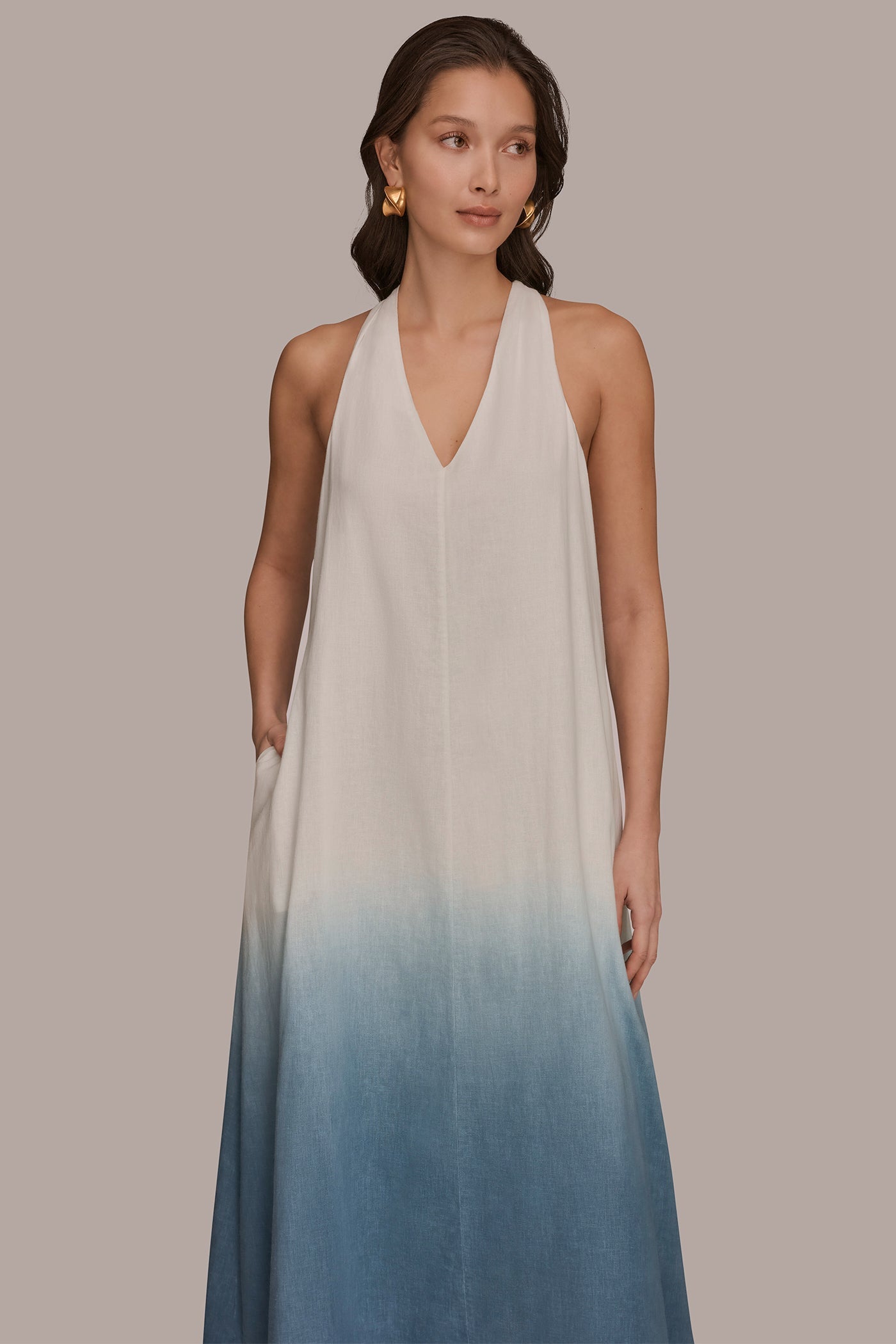 Donna Karan | LINEN-BLEND SLEEVELESS OMBRÉ TWIST-BACK MIDI HALTER DRESS