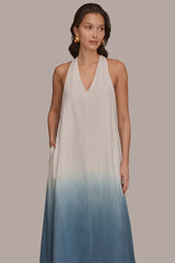 Donna Karan | LINEN-BLEND SLEEVELESS OMBRÉ TWIST-BACK MIDI HALTER DRESS
