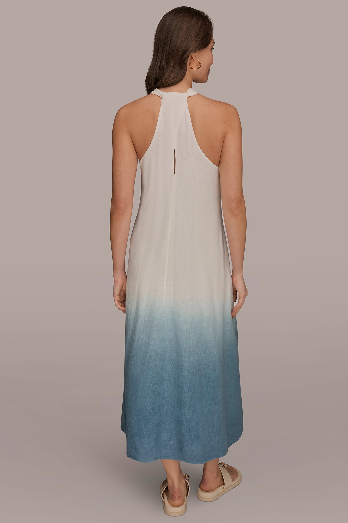 Donna Karan | LINEN-BLEND SLEEVELESS OMBRÉ TWIST-BACK MIDI HALTER DRESS